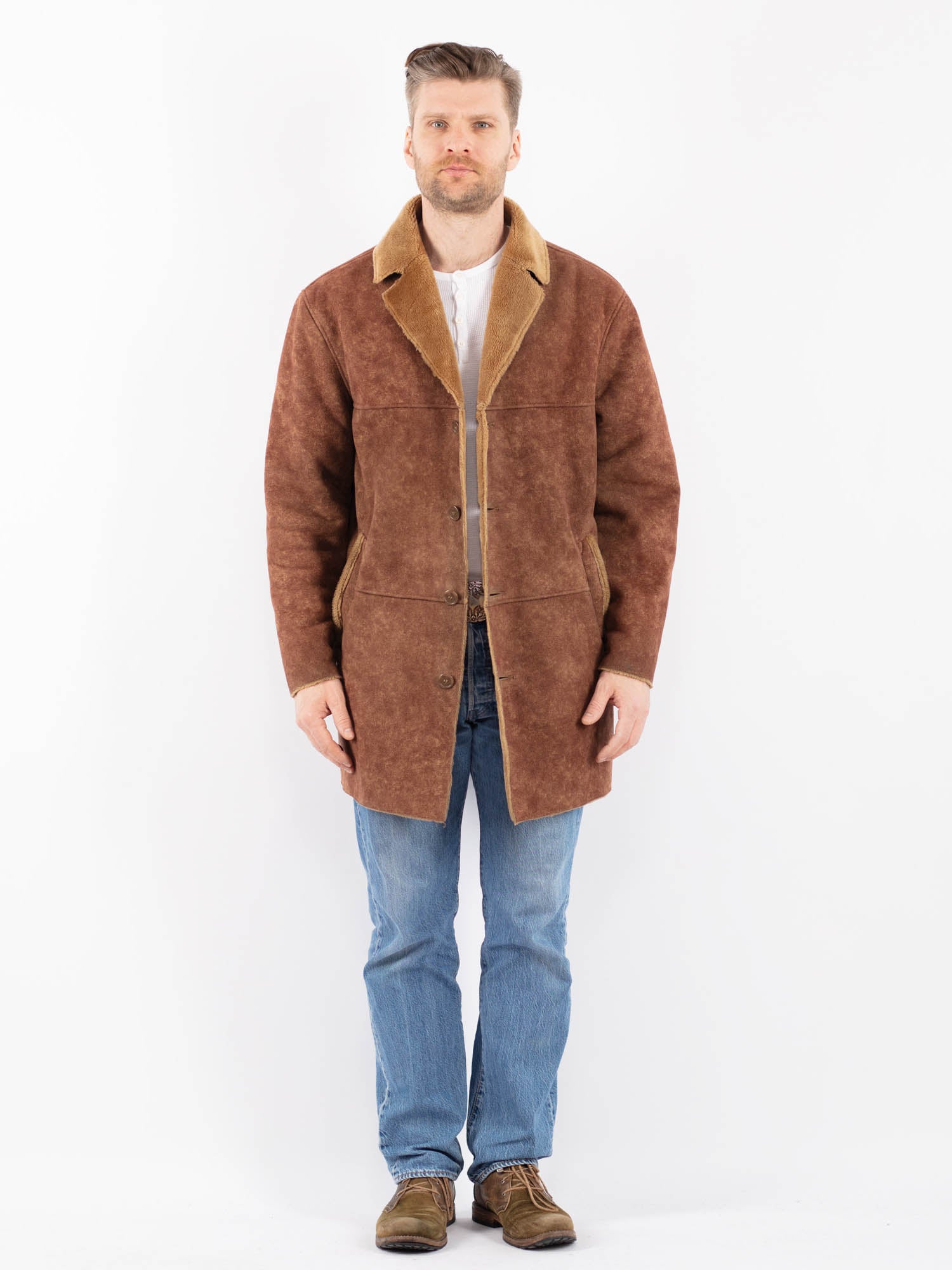 Vintage 00's Men Faux Sheepskin Coat in Brown by Northern Grip