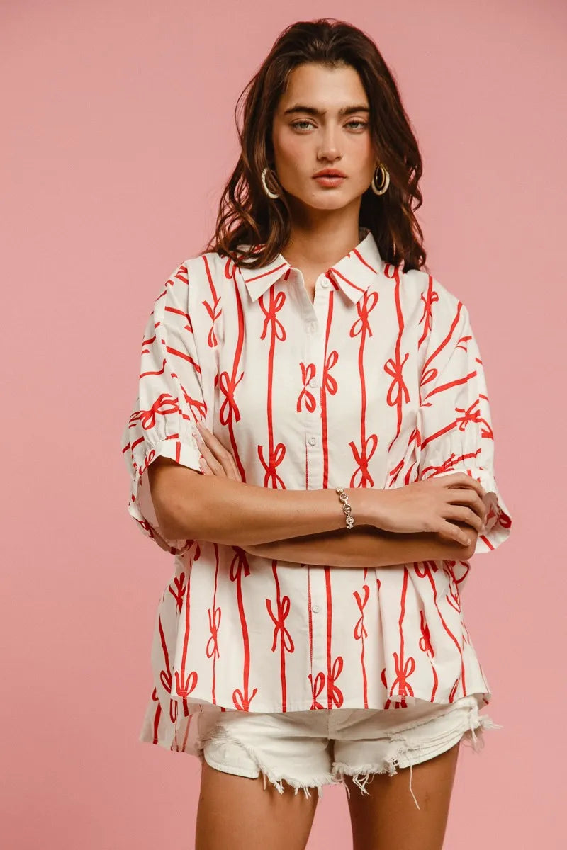 BiBi Bow Ribbon Woven Printed Button Down Shirt by RAËLIV