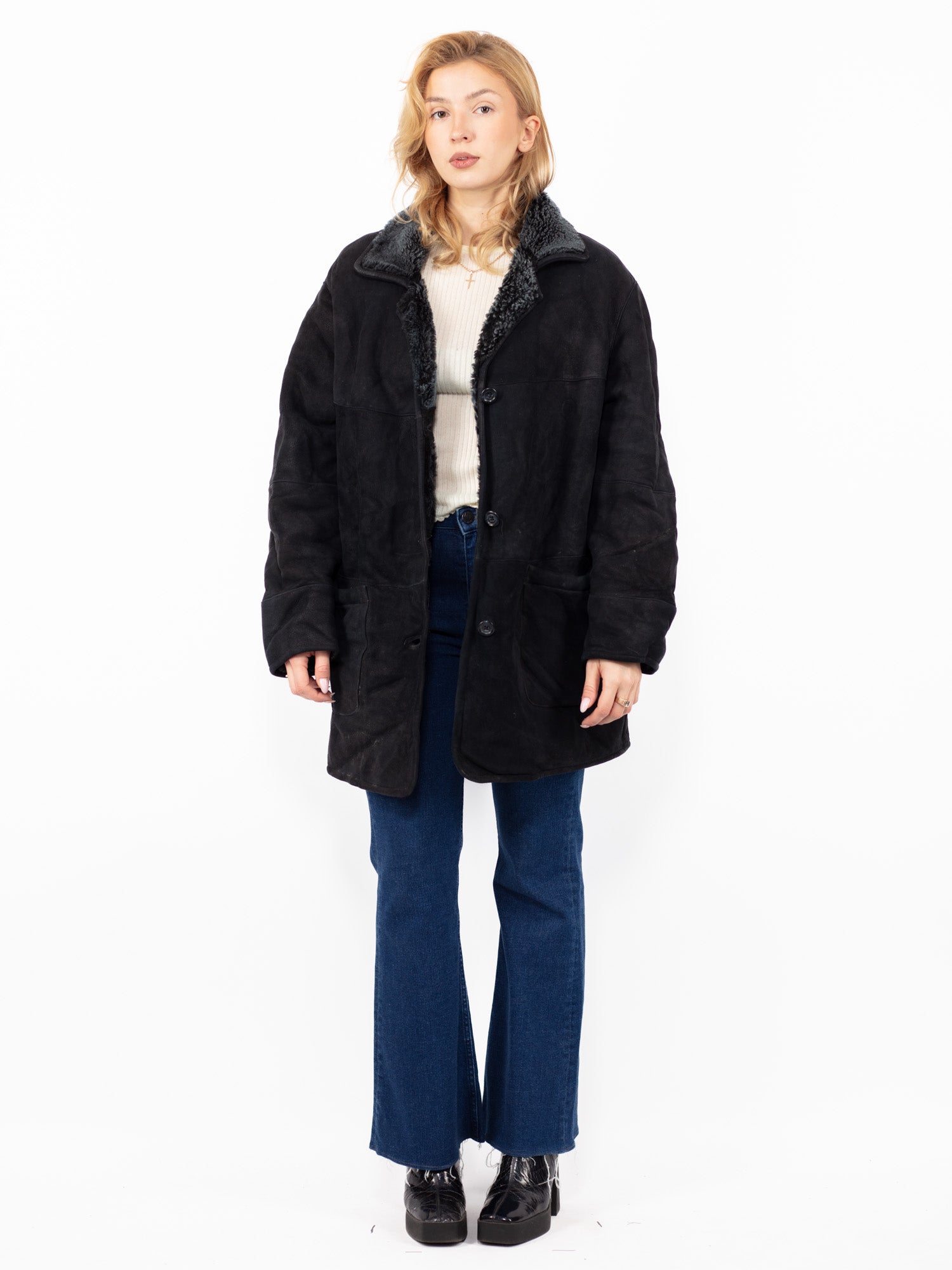 Vintage 00's Women Sheepskin Coat in Black by Northern Grip