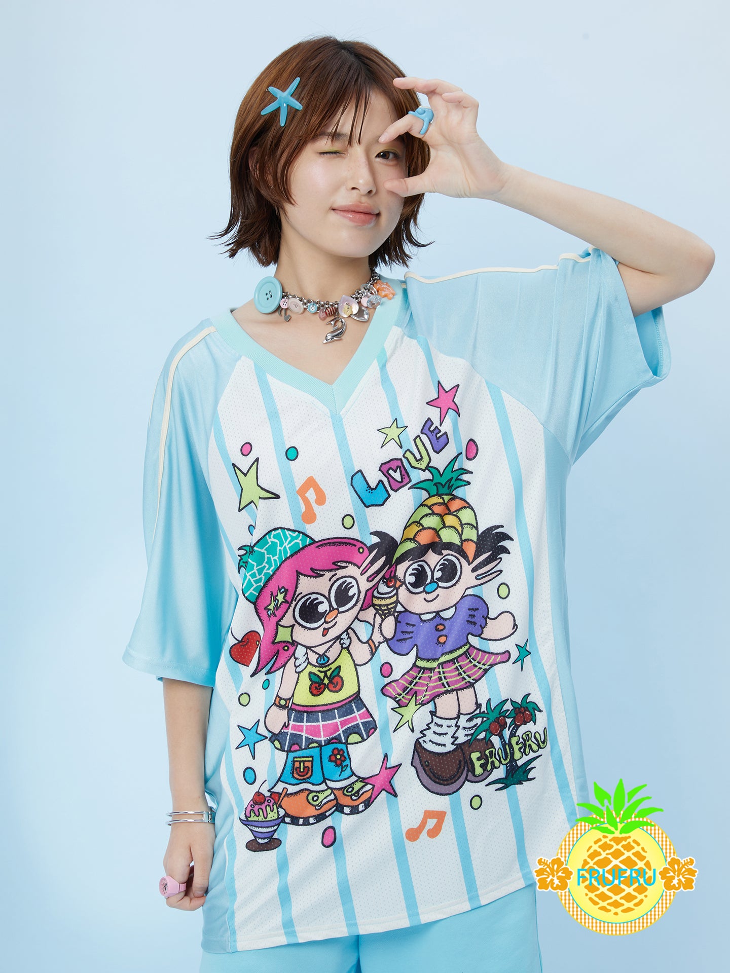 Kawaii Baseball Tee – Loose Fit Contrast Sleeves – FruFru by Land Decora