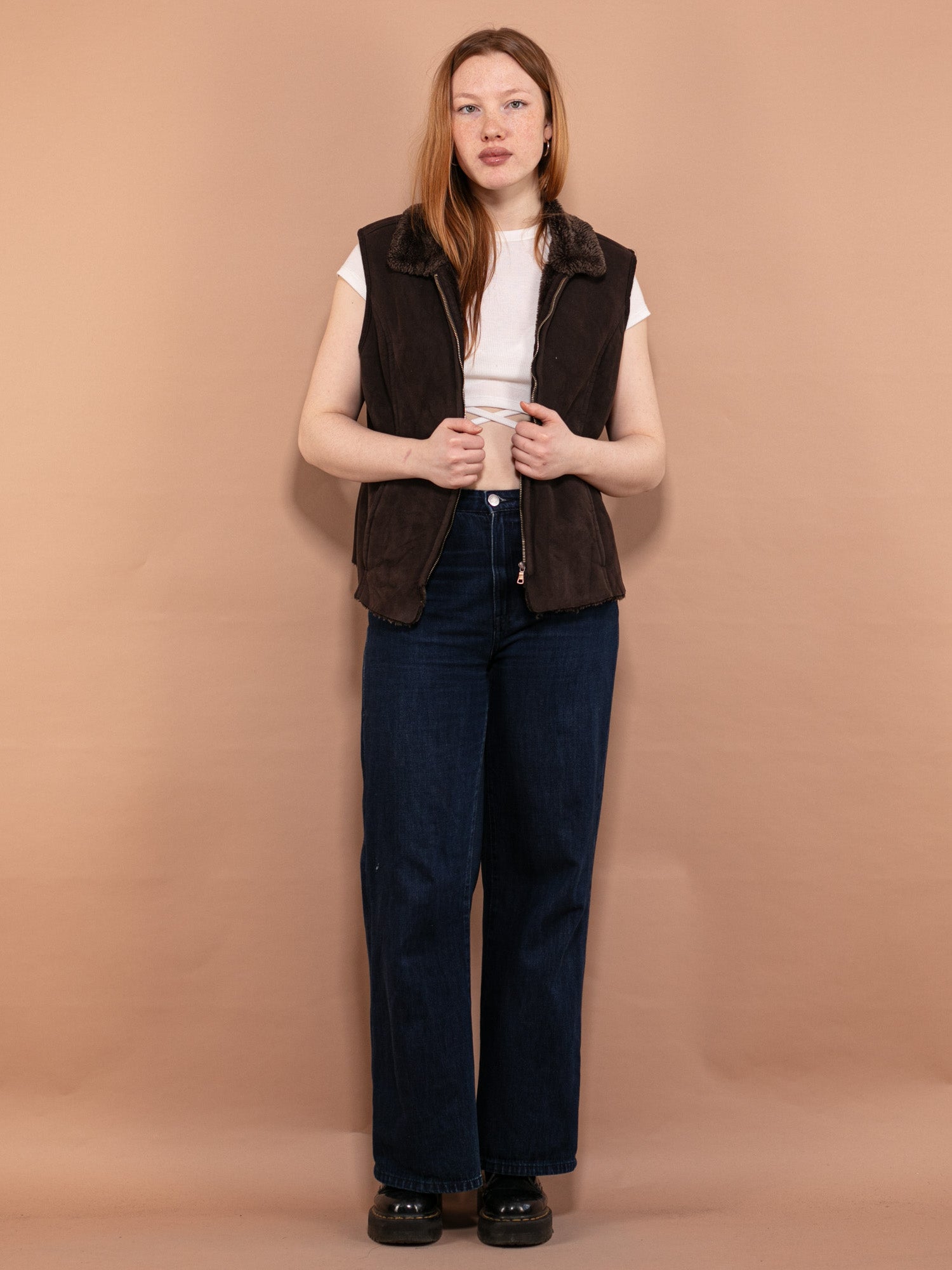 Vintage 00's Women Zip Up Sherpa Vest in Brown by Northern Grip