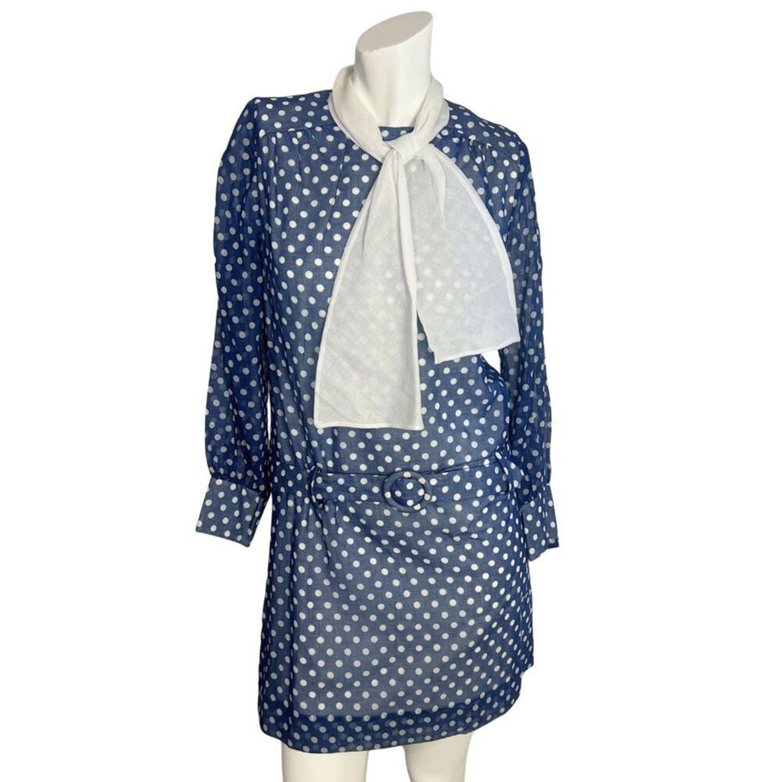 1970s Vintage Jonathan Logan Blue White Polka Dot Tied Collar Mod Size by Hot Girl Secondhand