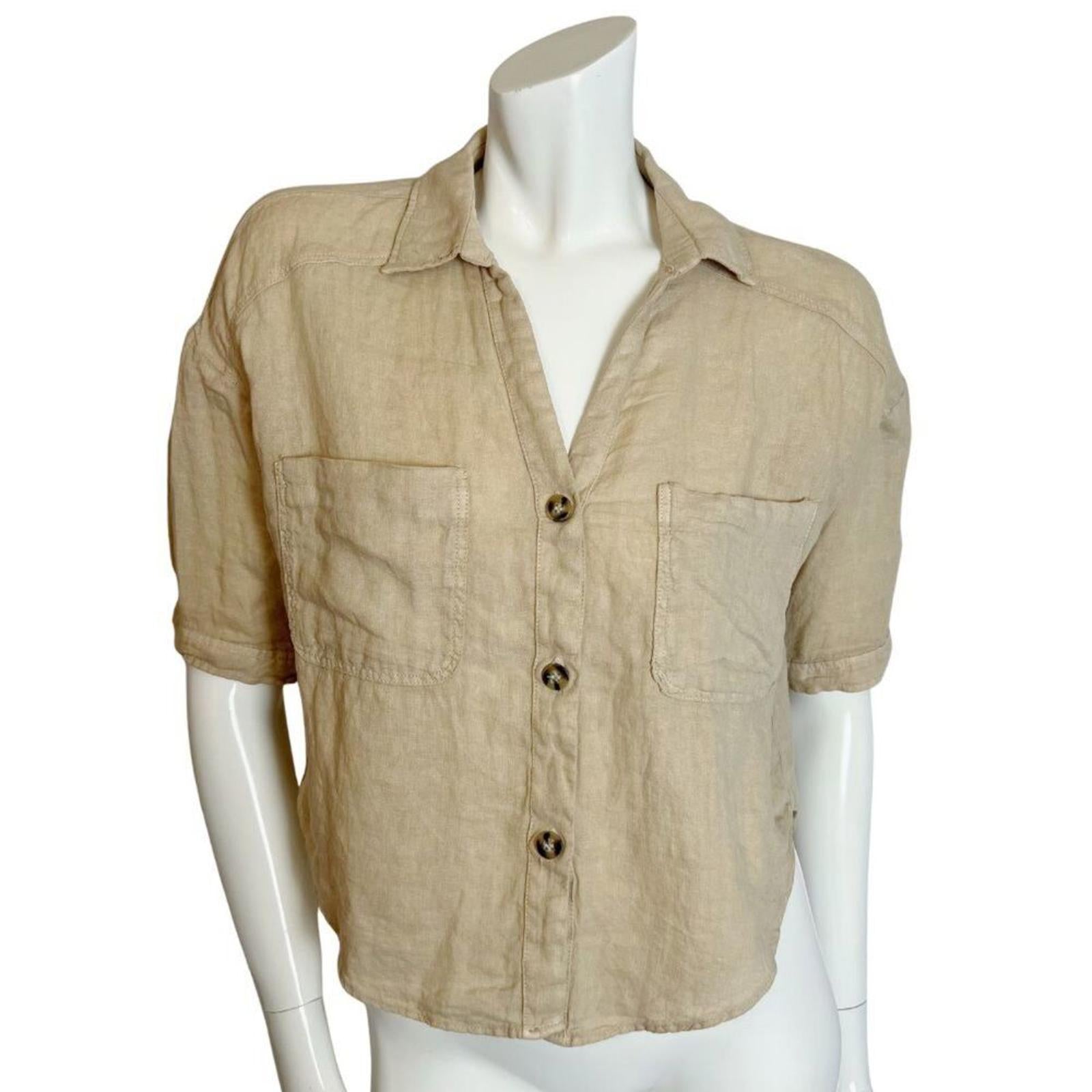Zara 100% Linen Tan Button Up Short Sleeve Shirt Women's Size S by Hot Girl Secondhand