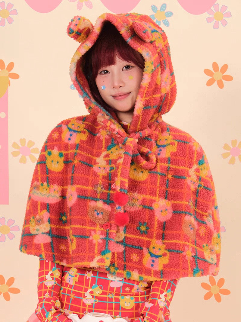 Kawaii Bear Ear Fleece Cape with Hood - NIKKOU by Land Decora