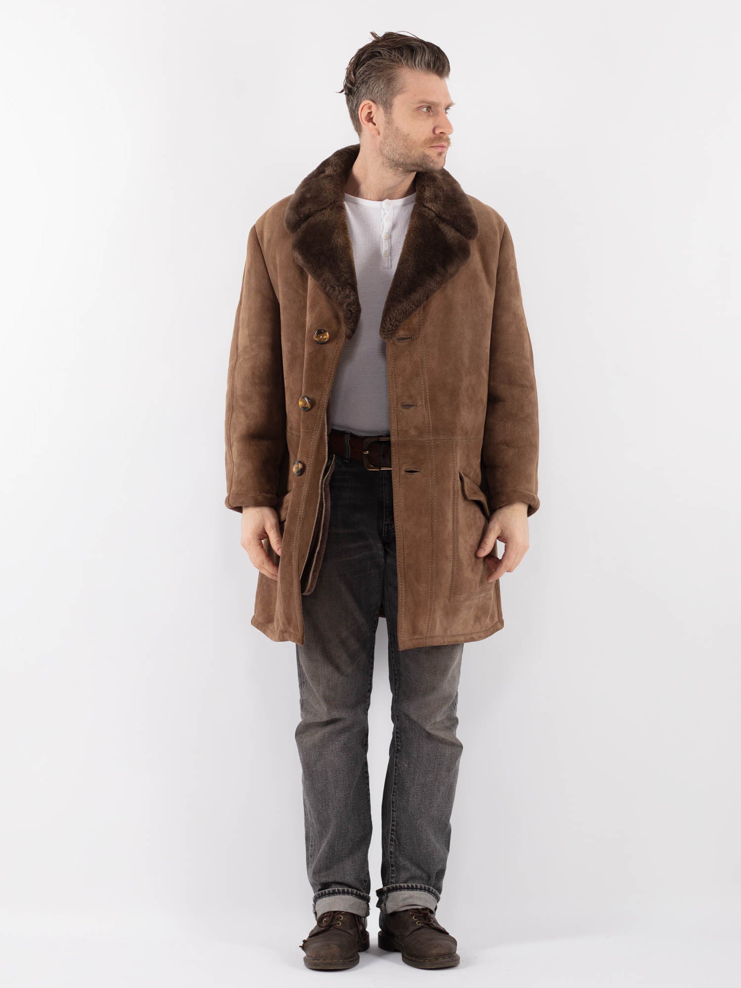 Vintage 70's Men Sheepskin Coat in Beige by Northern Grip
