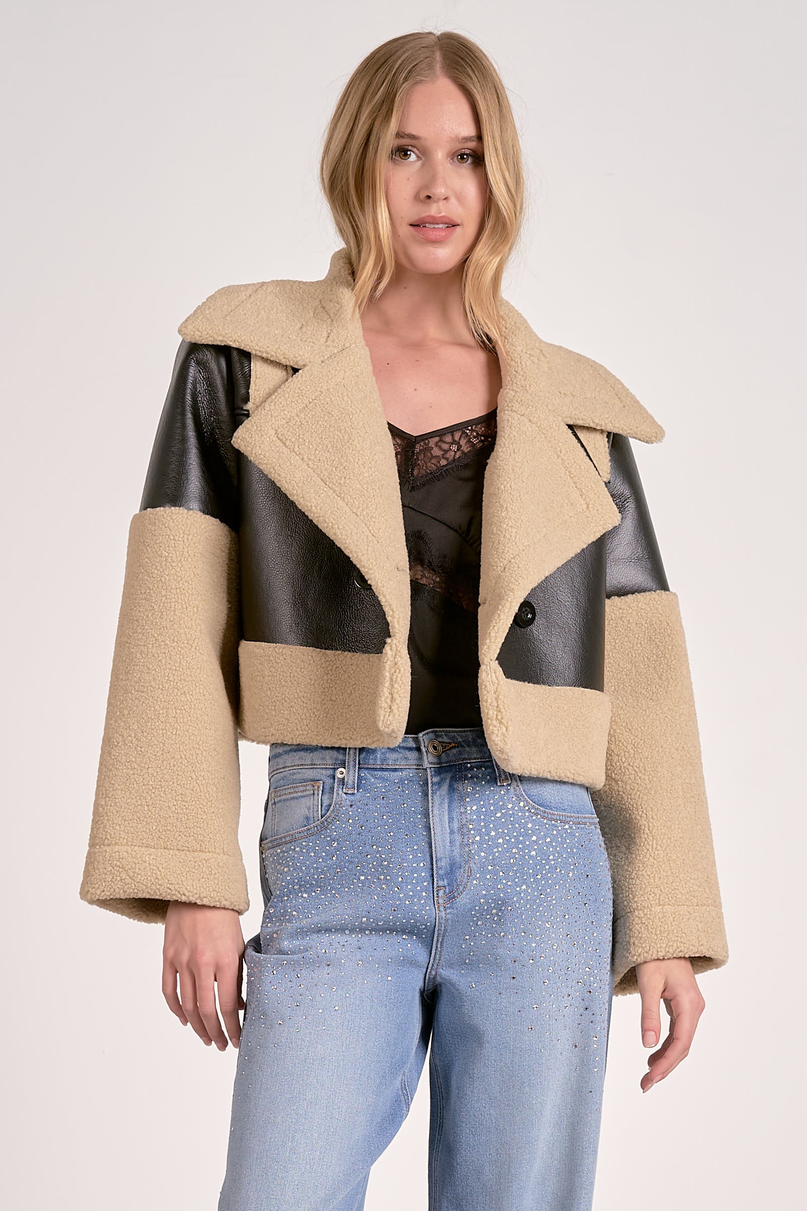 Elan Faux Leather Sherpa Jacket by Sierra Deene