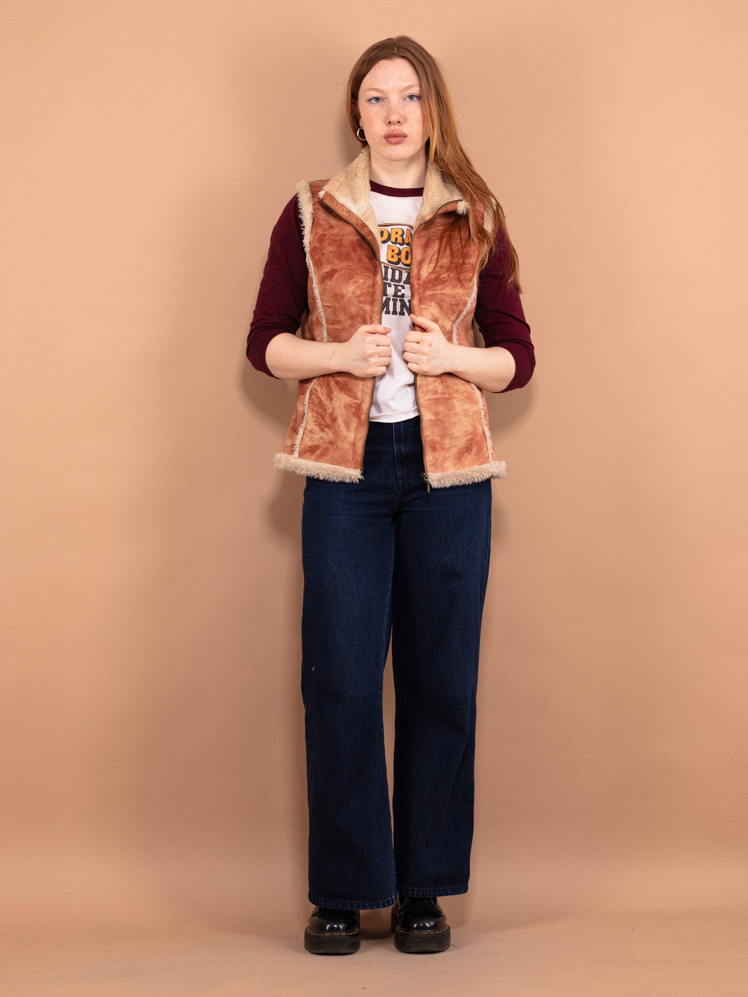 Vintage 00's Women Faux Sheepskin Vest in Beige Brown by Northern Grip