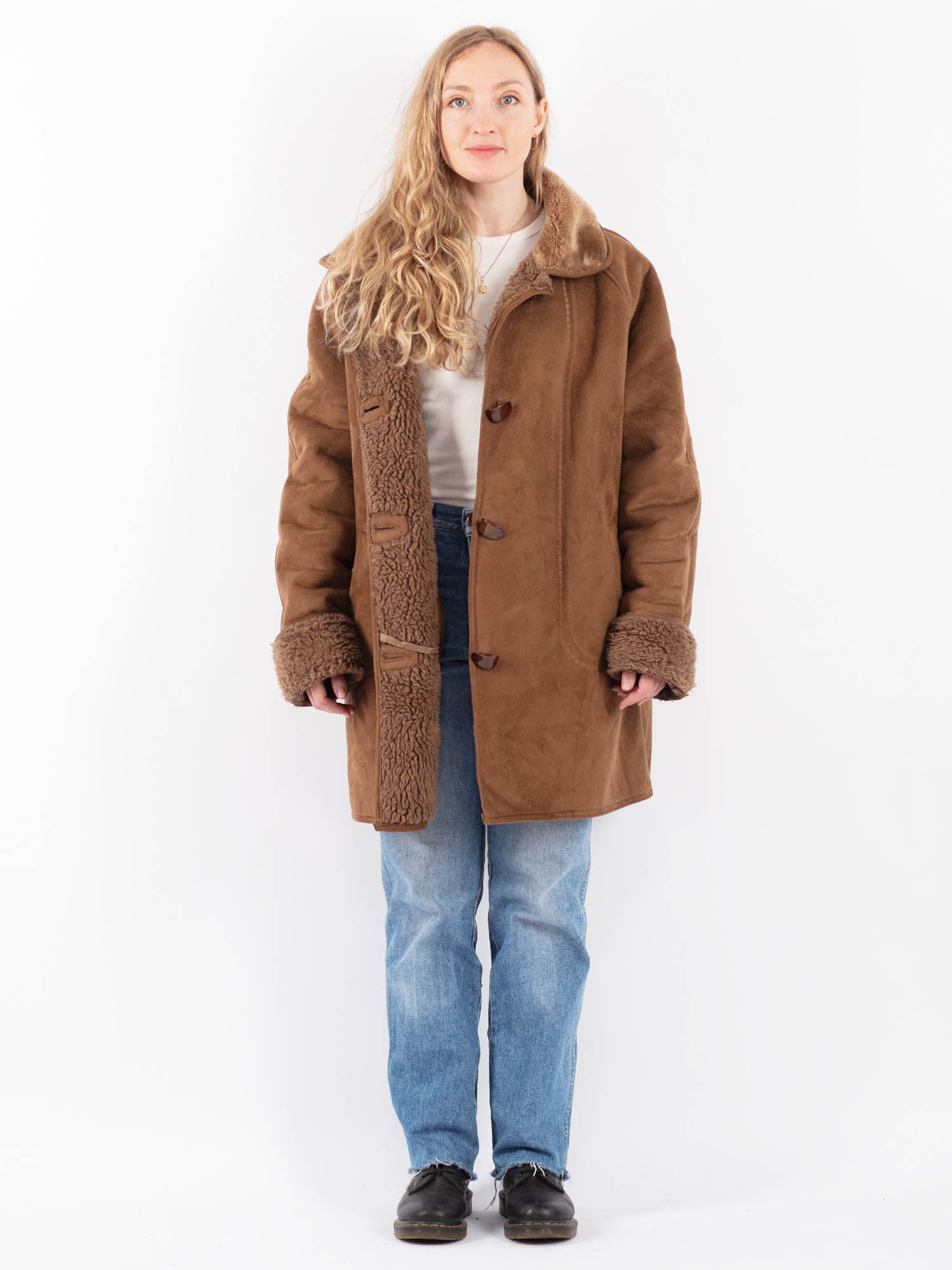 Vintage 90's Women Faux Sheepskin Coat in Brown by Northern Grip
