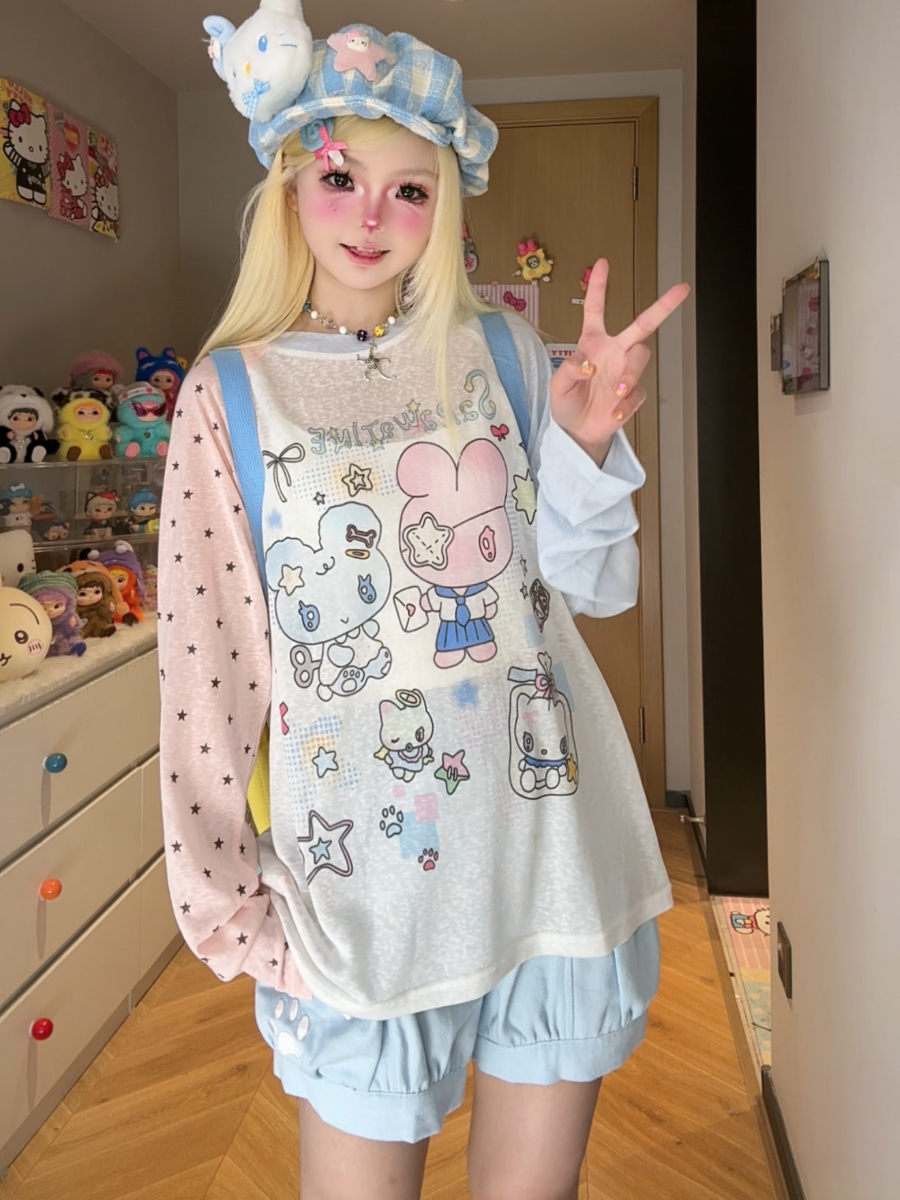Cute Lin Raglan Sleeve Graphic Top | Kawaii Loose-Fit Summer Shirt by Land Decora