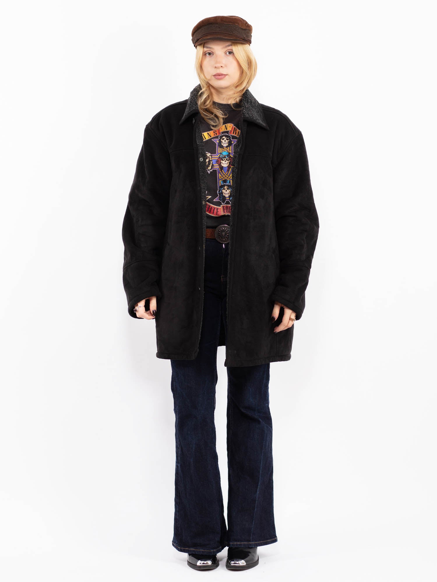 Vintage 90's Women Faux Sheepskin Coat in Black by Northern Grip