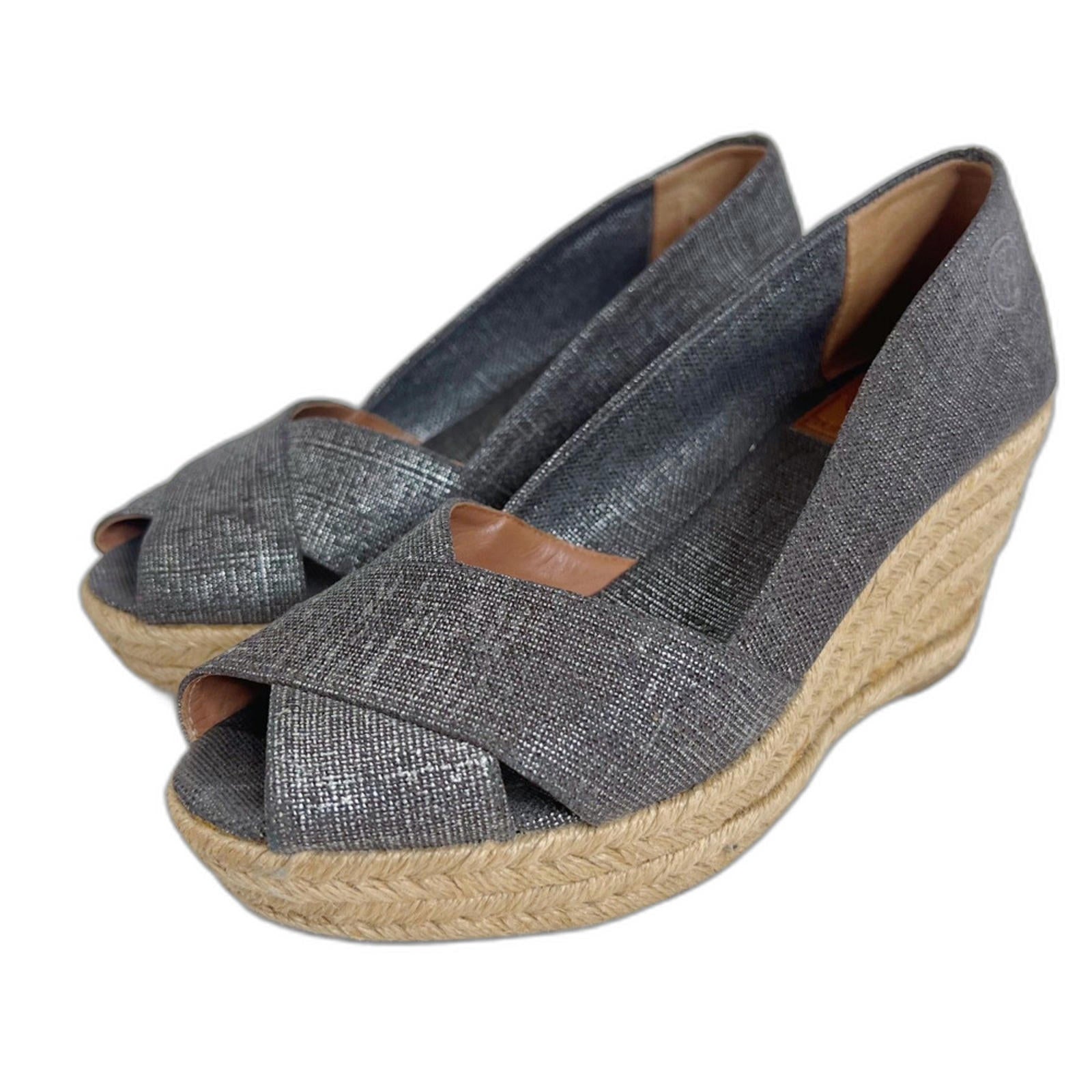 Tory Burch Filipa Canvas Pewter Grey Silver Wedge Espadrille Sandal Si by Hot Girl Secondhand