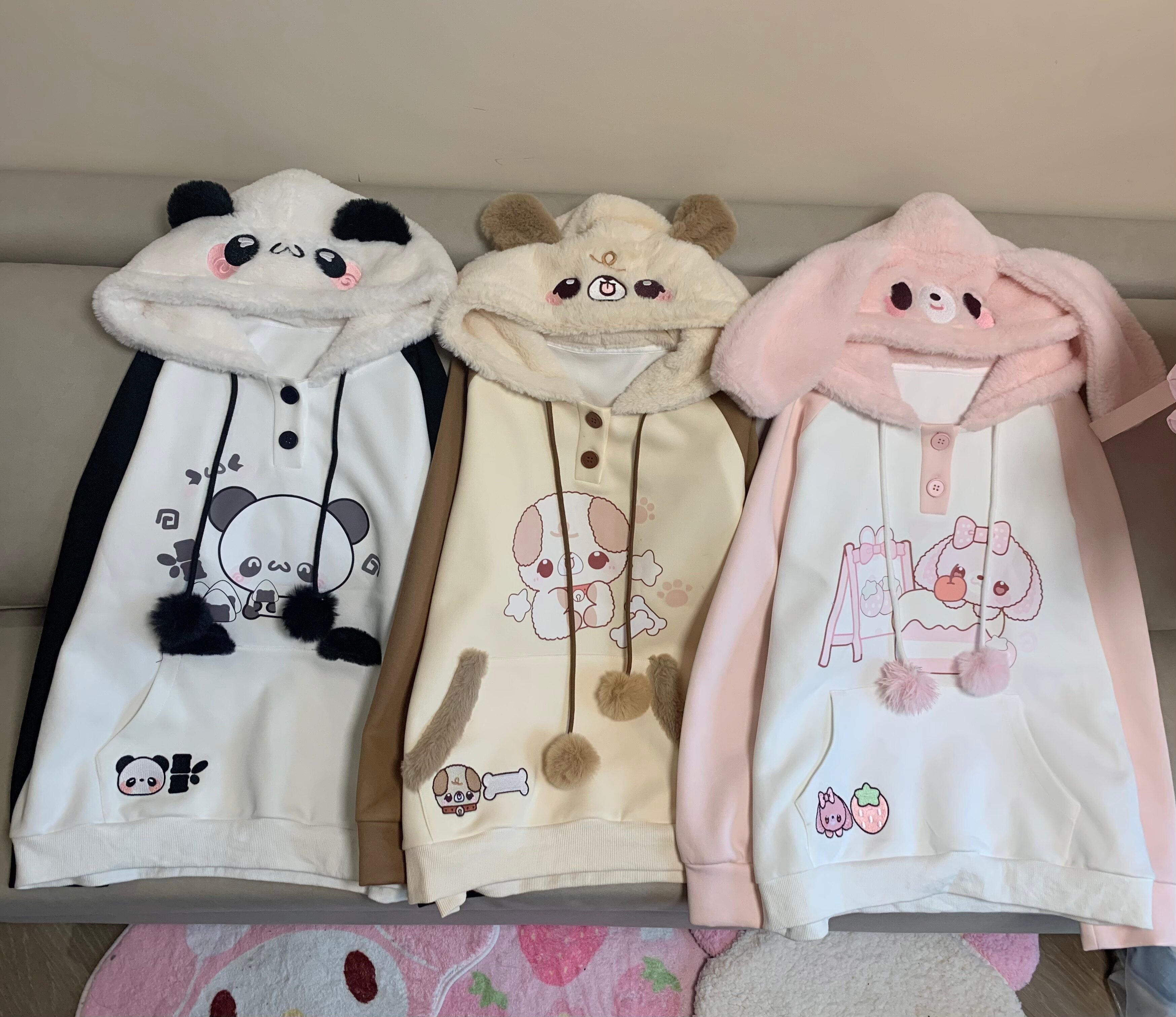 Kawaii Colorblock Fleece Hoodie Skirt Set - Blurred Bear by Land Decora