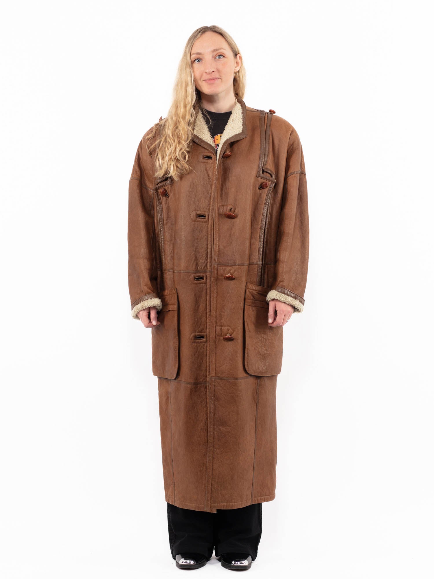 Vintage 80's Women Sheepskin Long Coat in Brown by Northern Grip