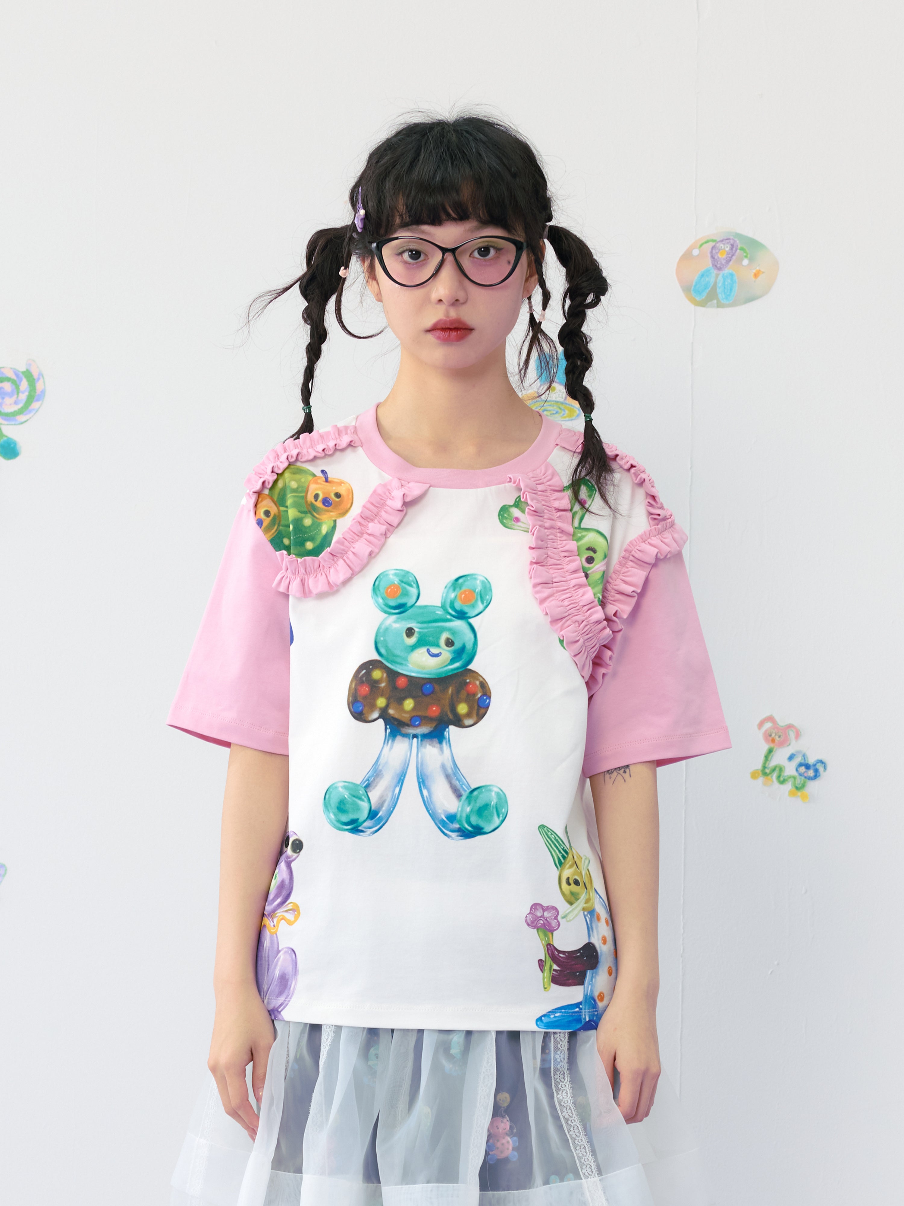 Harajuku T-Shirt Pink White T-Shirt Candy Print Ruffle Trim T-Shirt – HELPHELP by Land Decora
