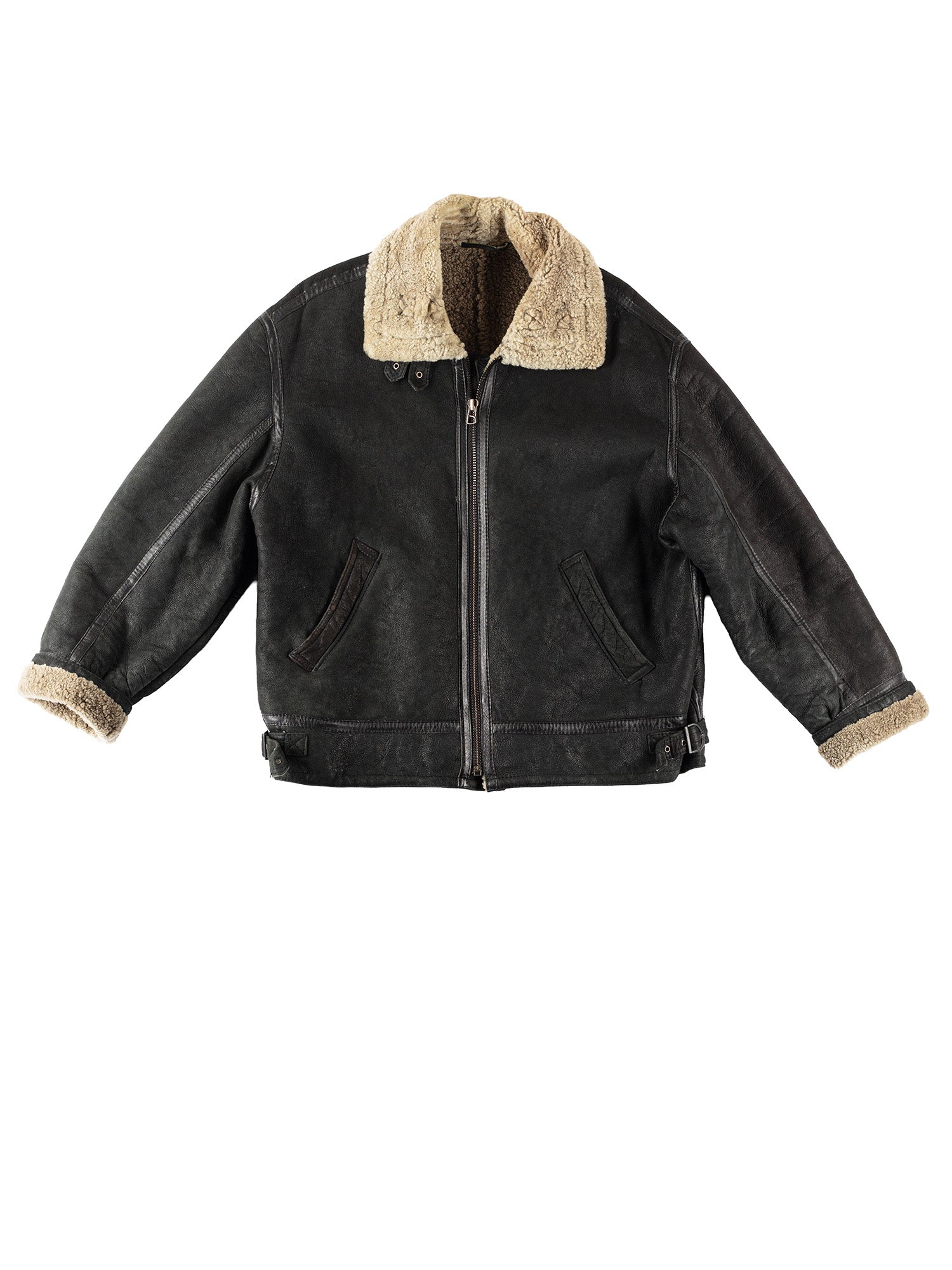 Vintage 80's Men B-3 Style Sheepskin Bomber Aviator Jacket in Black by Northern Grip