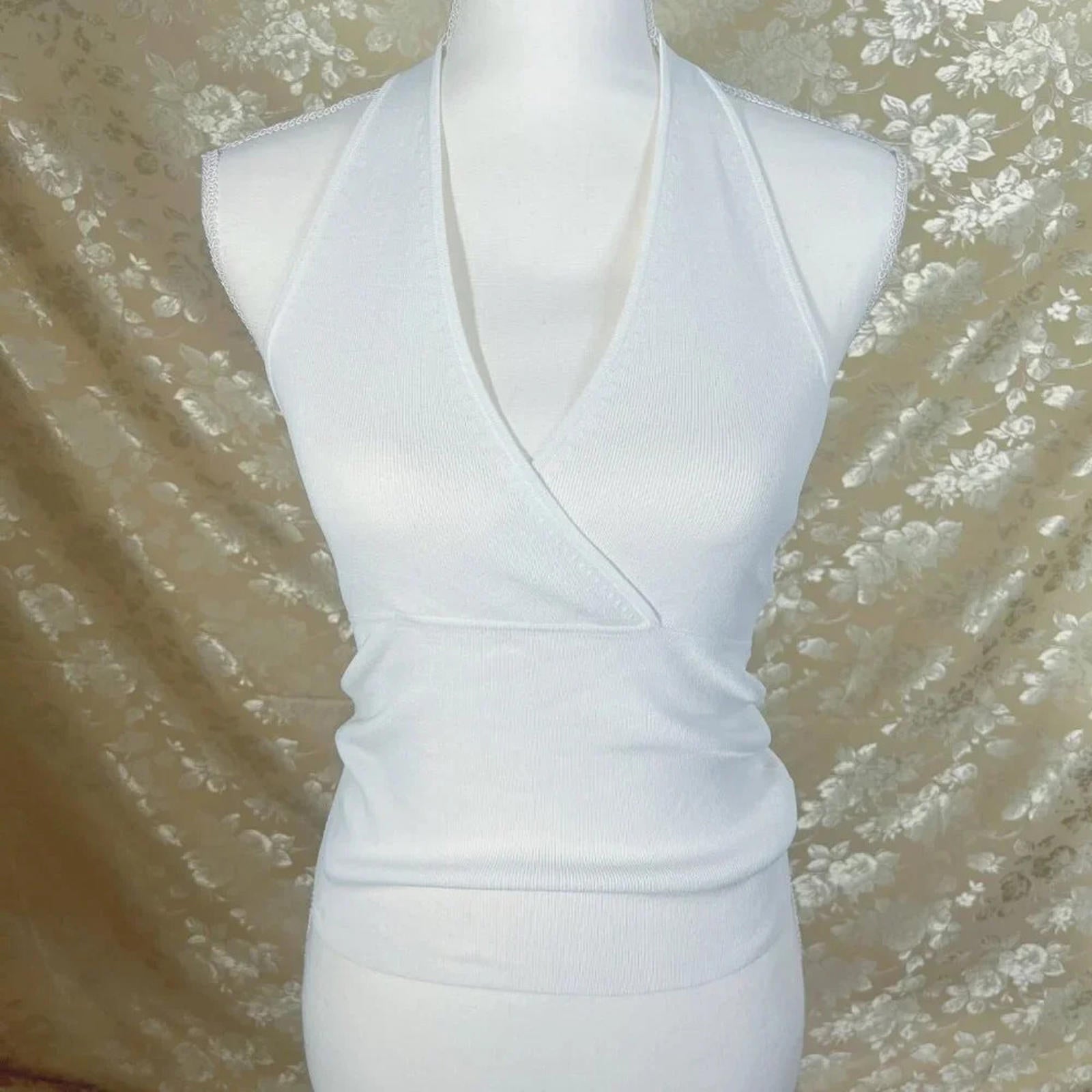 y2k Vintage Loft White Ribbed Crossover Halter Top Women's Size M by Hot Girl Secondhand