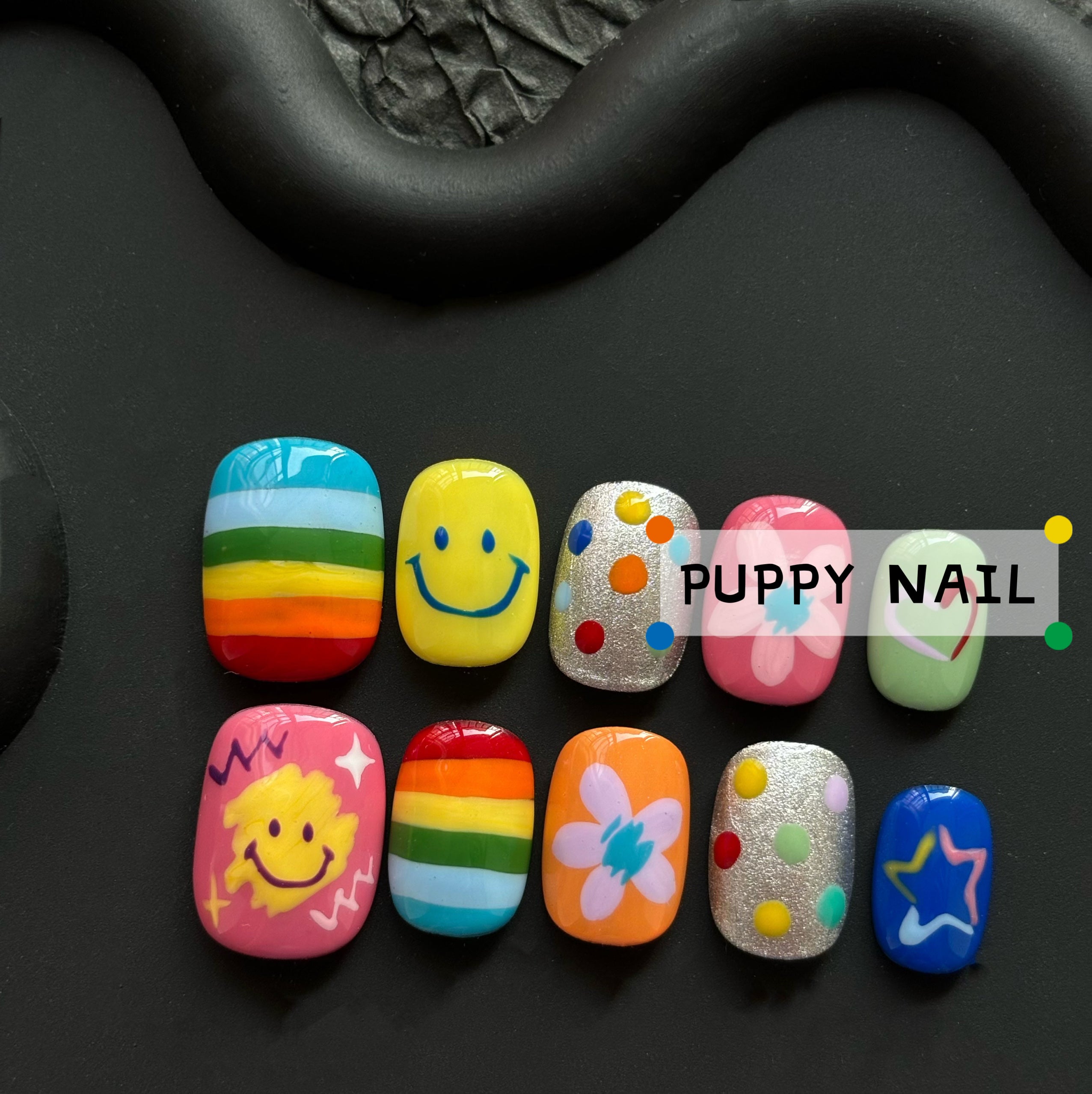 Puppy Rainbow Smiley Hand-Painted Y2K Style | Cute Colorful Short Nails for Bright Look by Land Decora