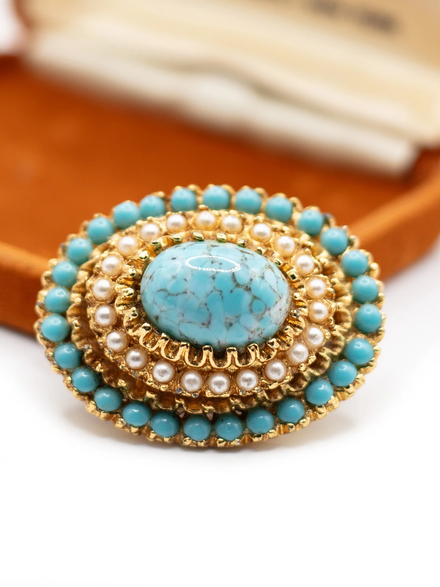 Vintage 60's Turquoise Faux Pearl Cabochon Brooch by Northern Grip
