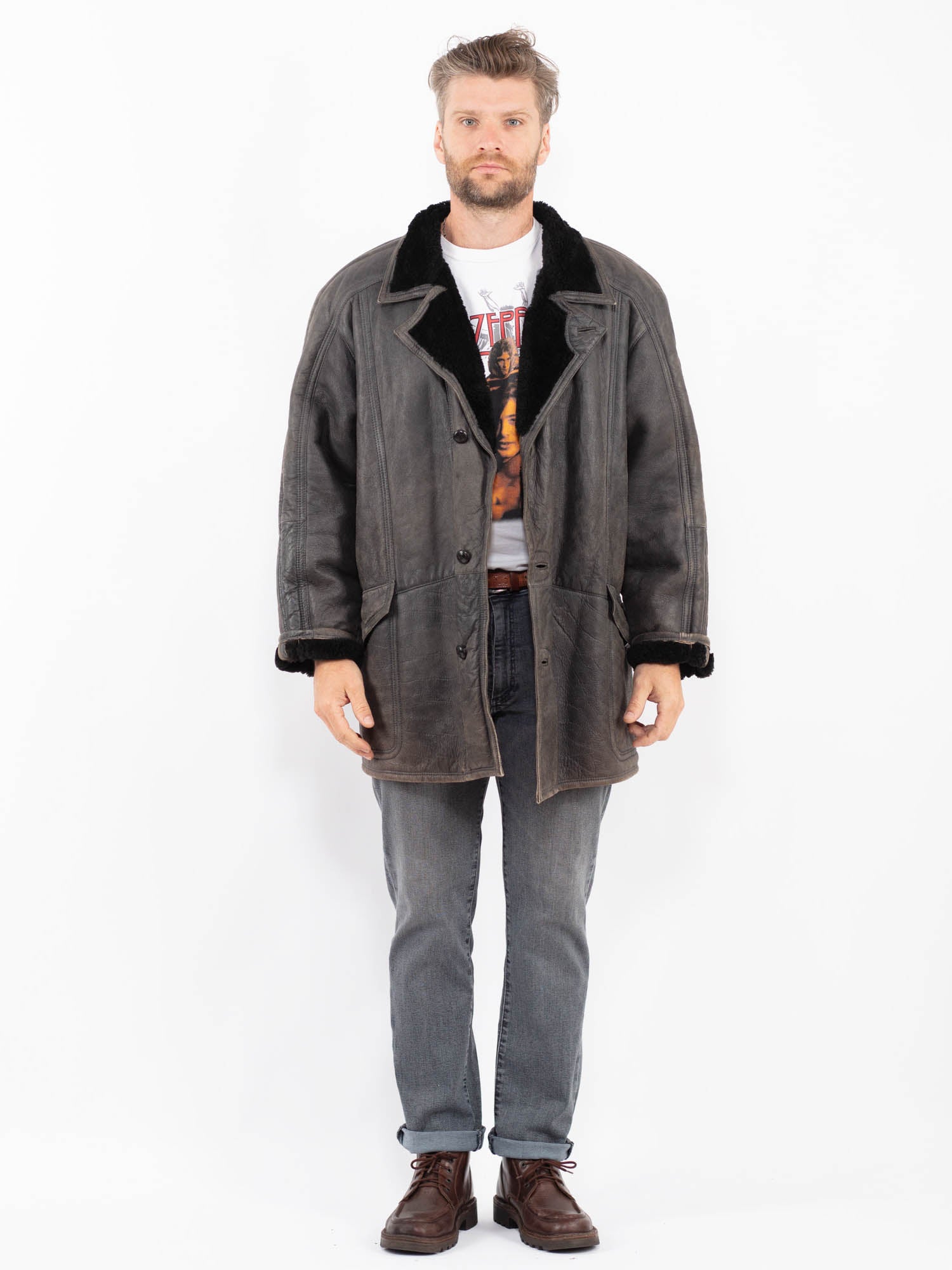 Vintage 90's Men Sheepskin Coat in Gray by Northern Grip