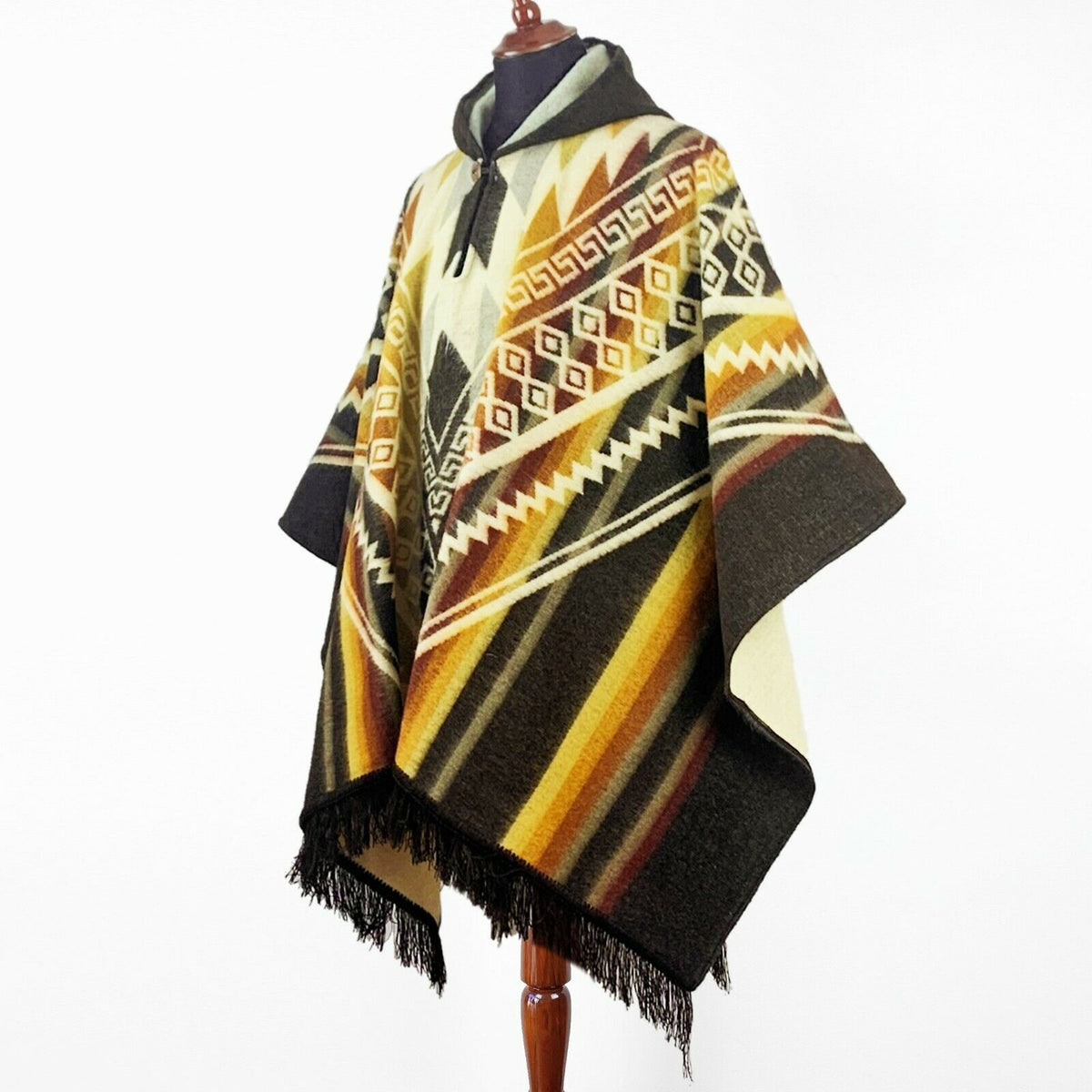 Zarza - Baby Alpaca wool Hooded Unisex Poncho S-XXL - Aztec pattern - by ECUALAMA