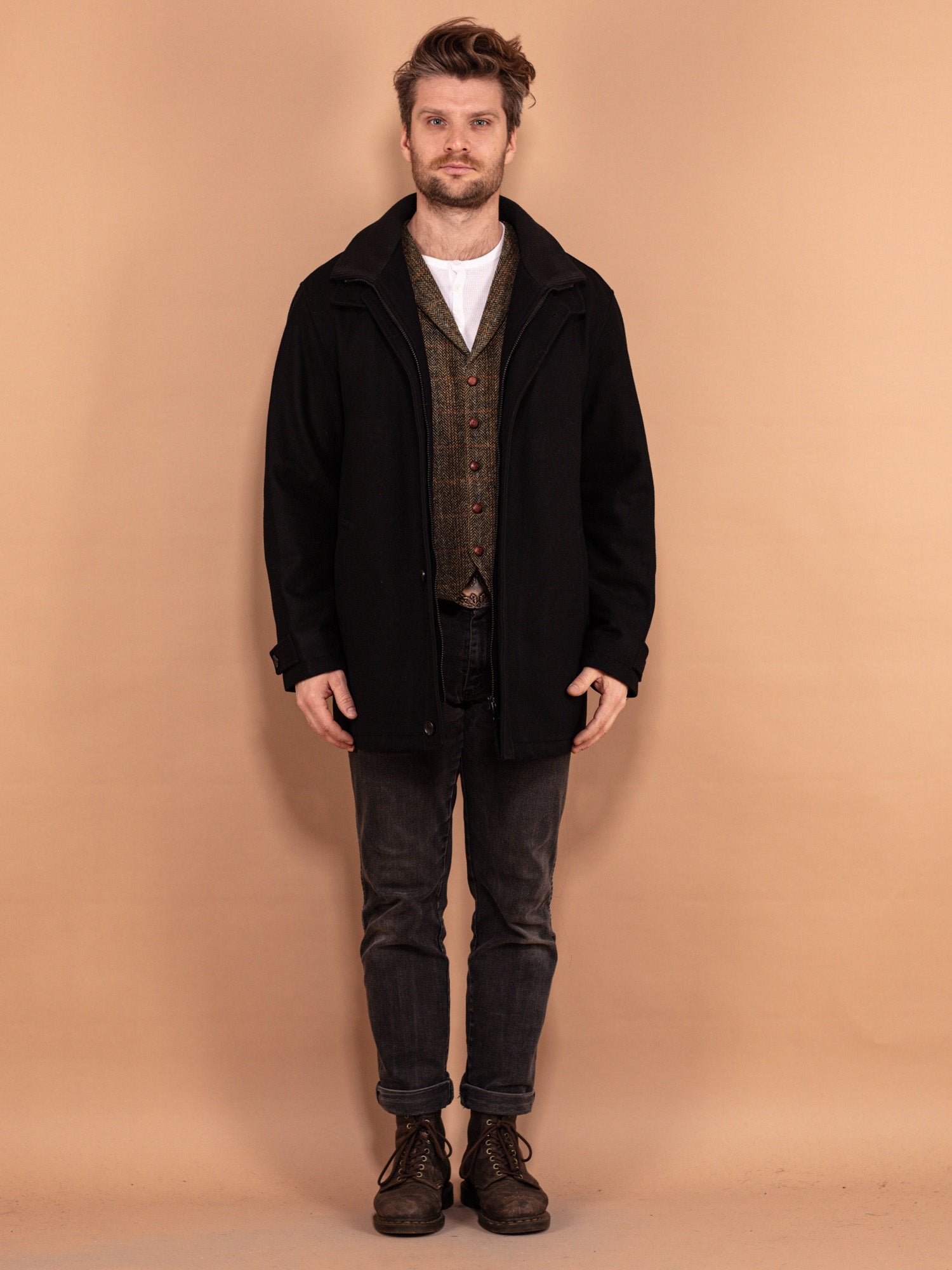 Vintage 00's Men Wool Blend Parka Coat in Black by Northern Grip