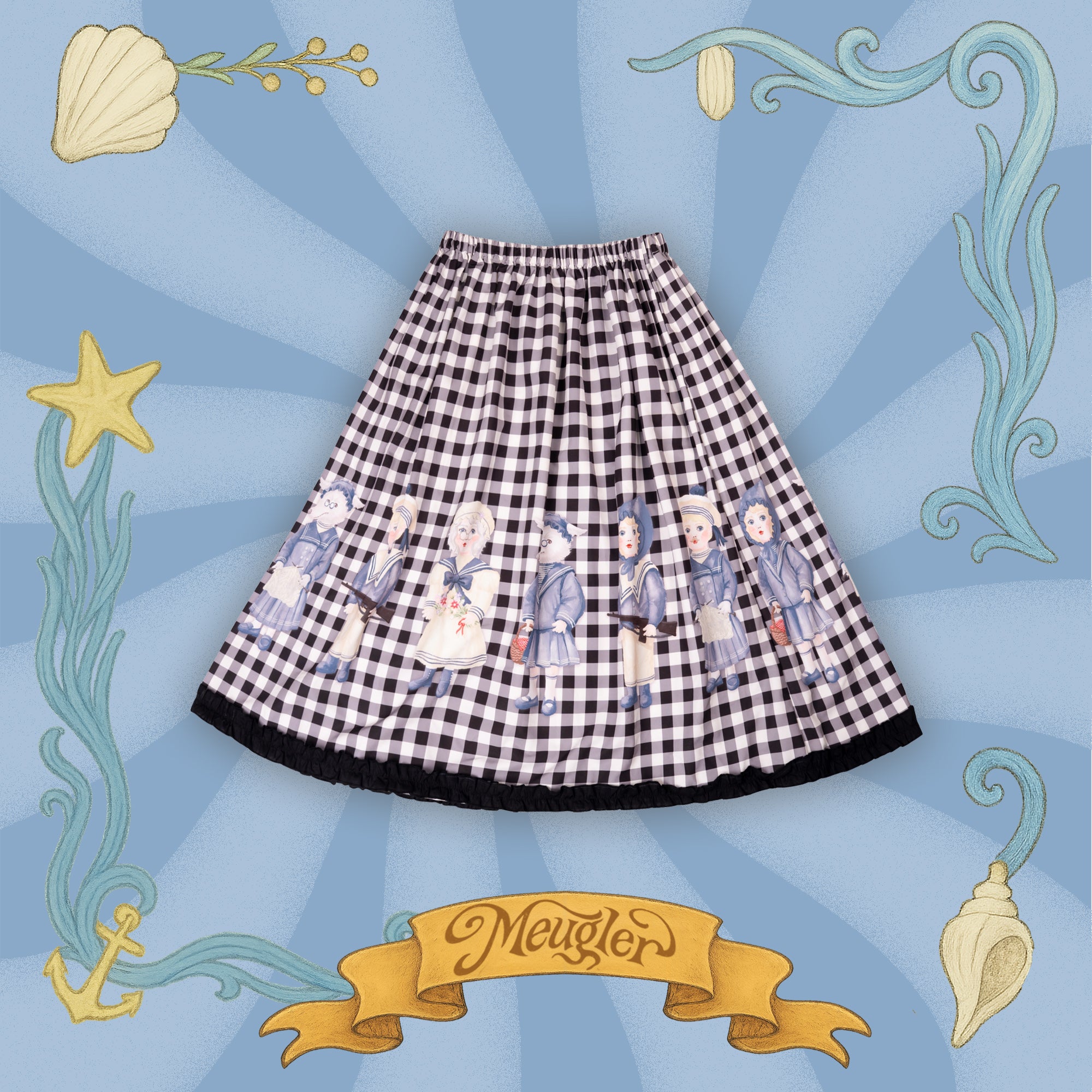 Kawaii Skirt Black White Plaid Hand Drawn Fairy Print - Meugler by Land Decora