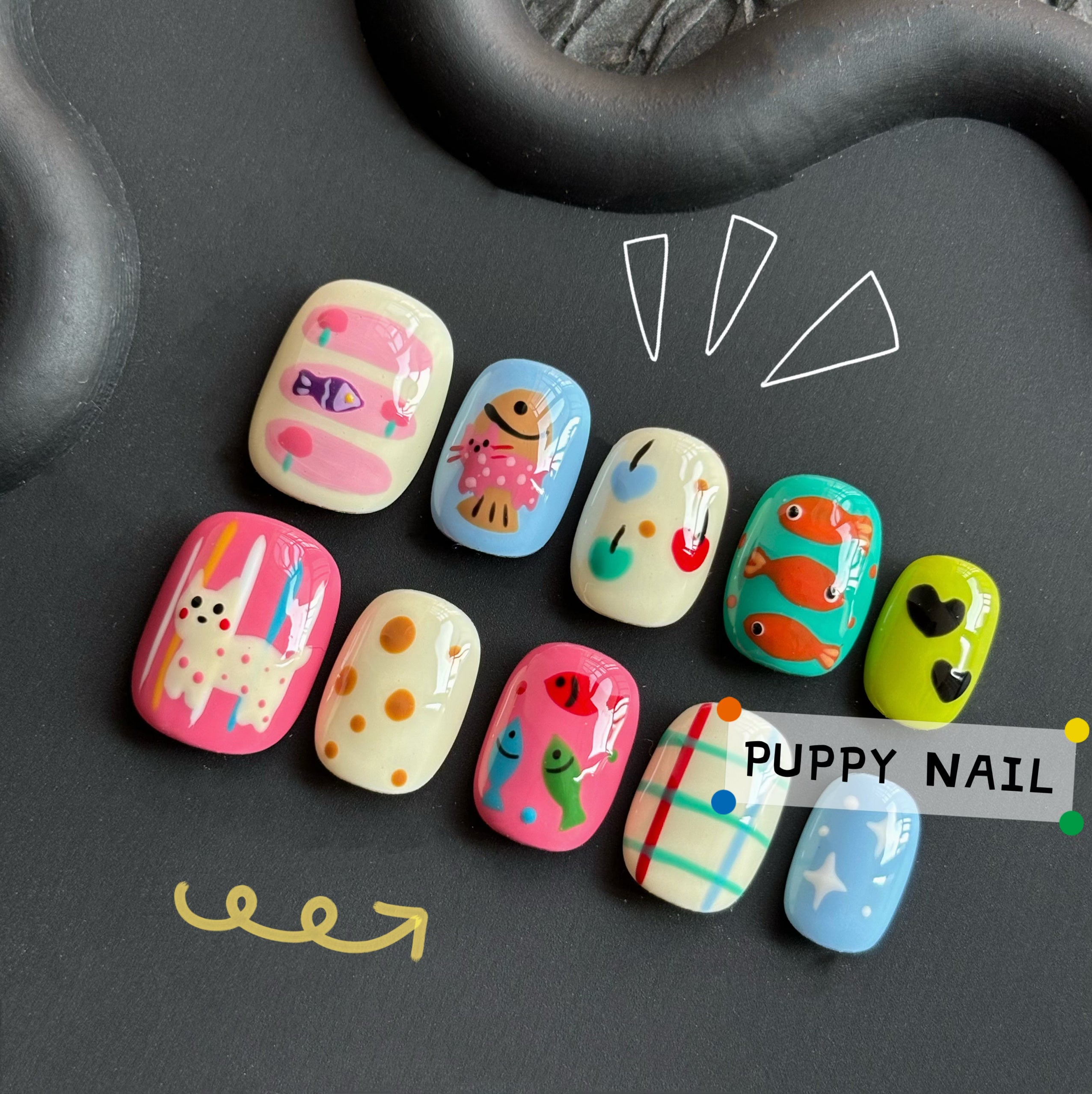 Puppy Kitten and Fish Hand-Painted Cute Cartoon Wearable Nail Art by Land Decora