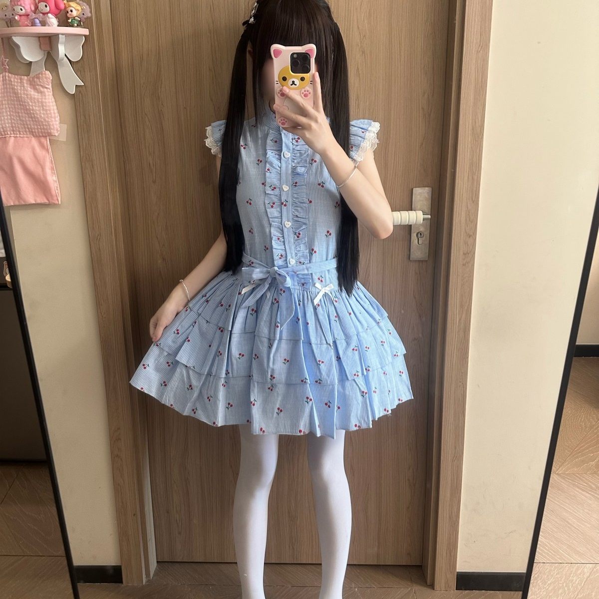 Y2K Blue Plaid Midi Dress - Blurred Bear by Land Decora