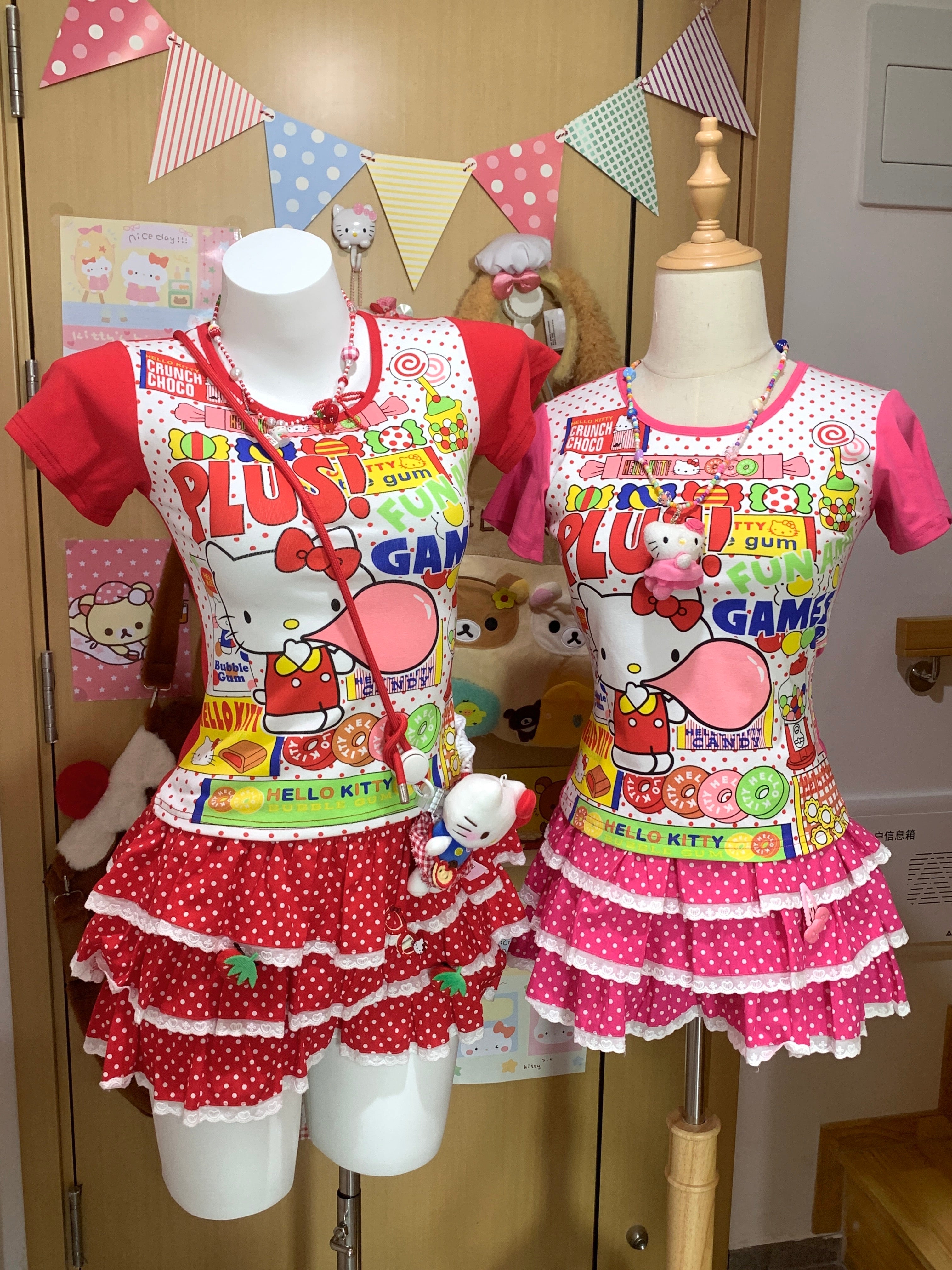 Decora Kei Set – Kitty Tee & Polka Dot Skirt – Blurred Bear by Land Decora
