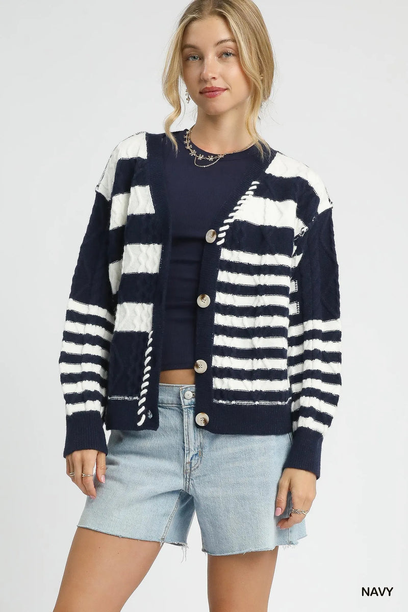 Umgee Cable-Knit Stripe Button-Up Cardigan by RAËLIV