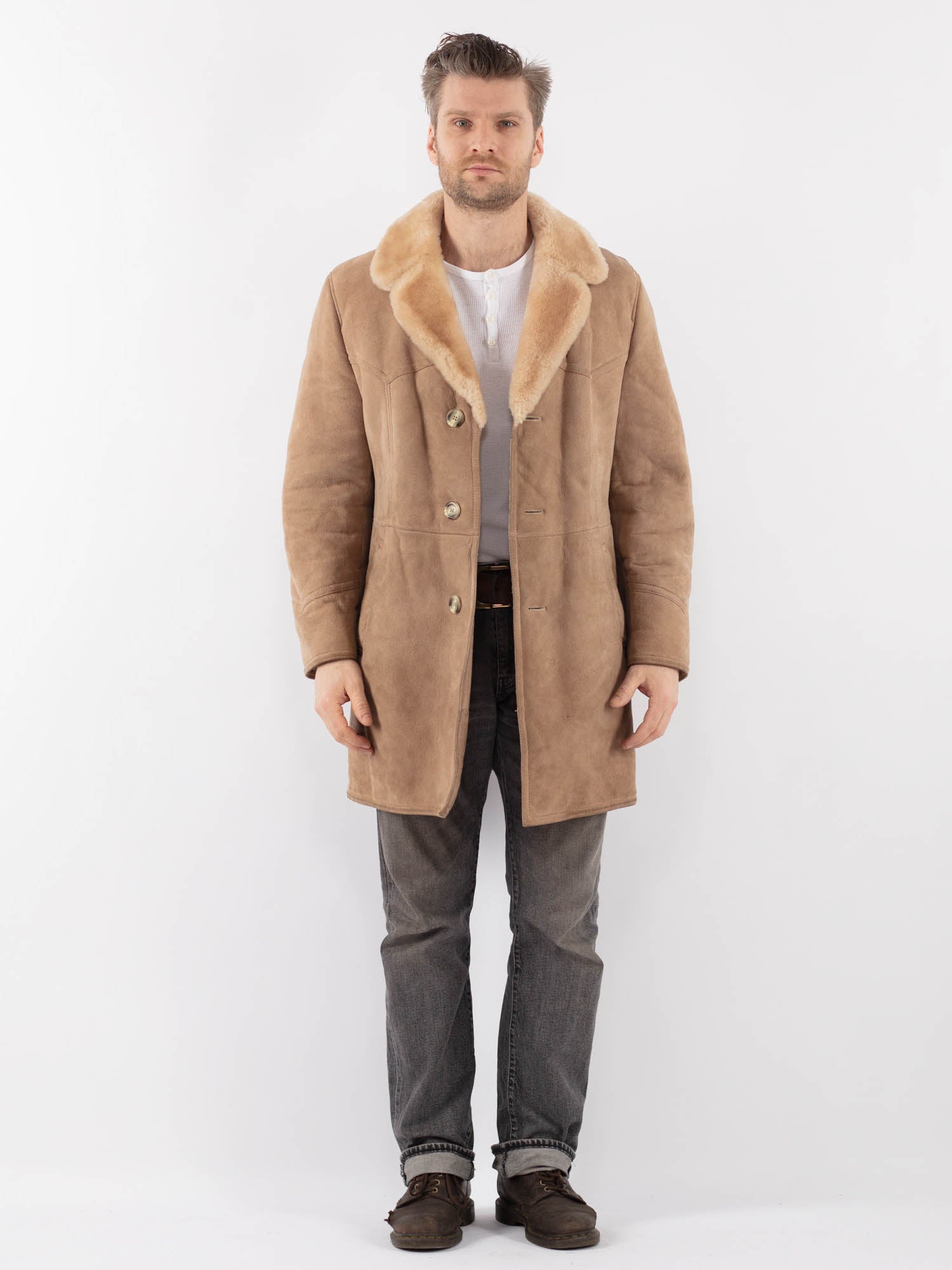Vintage 70's Men Sheepskin Coat in Beige by Northern Grip
