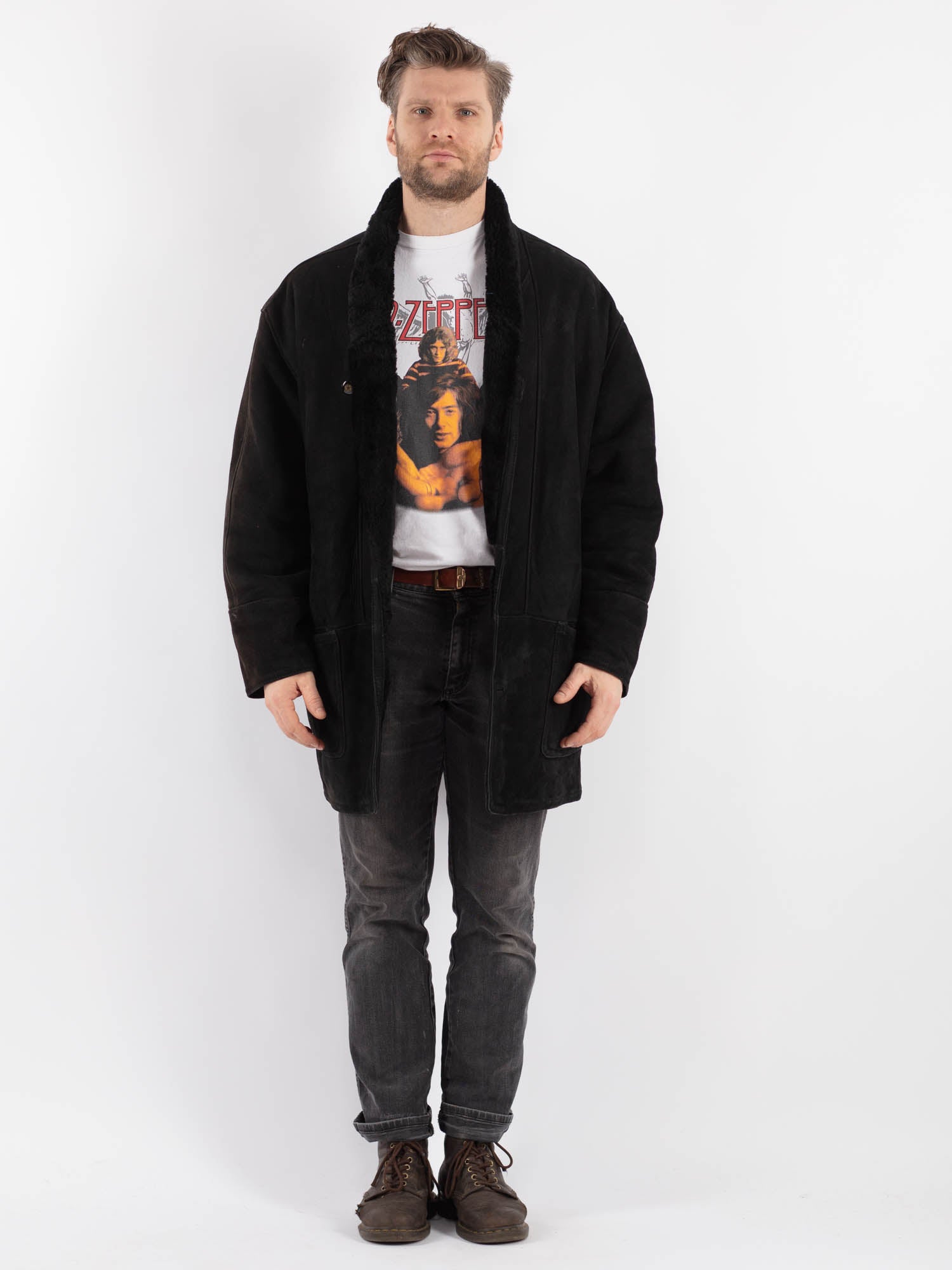 Vintage 90's Men Sheepskin Coat in Black by Northern Grip