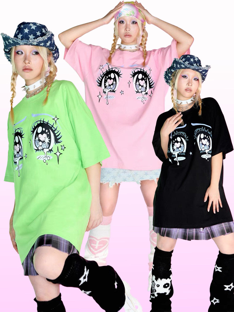 Y2K Anime Eyes Loose Tee - DeadEndKids by Land Decora