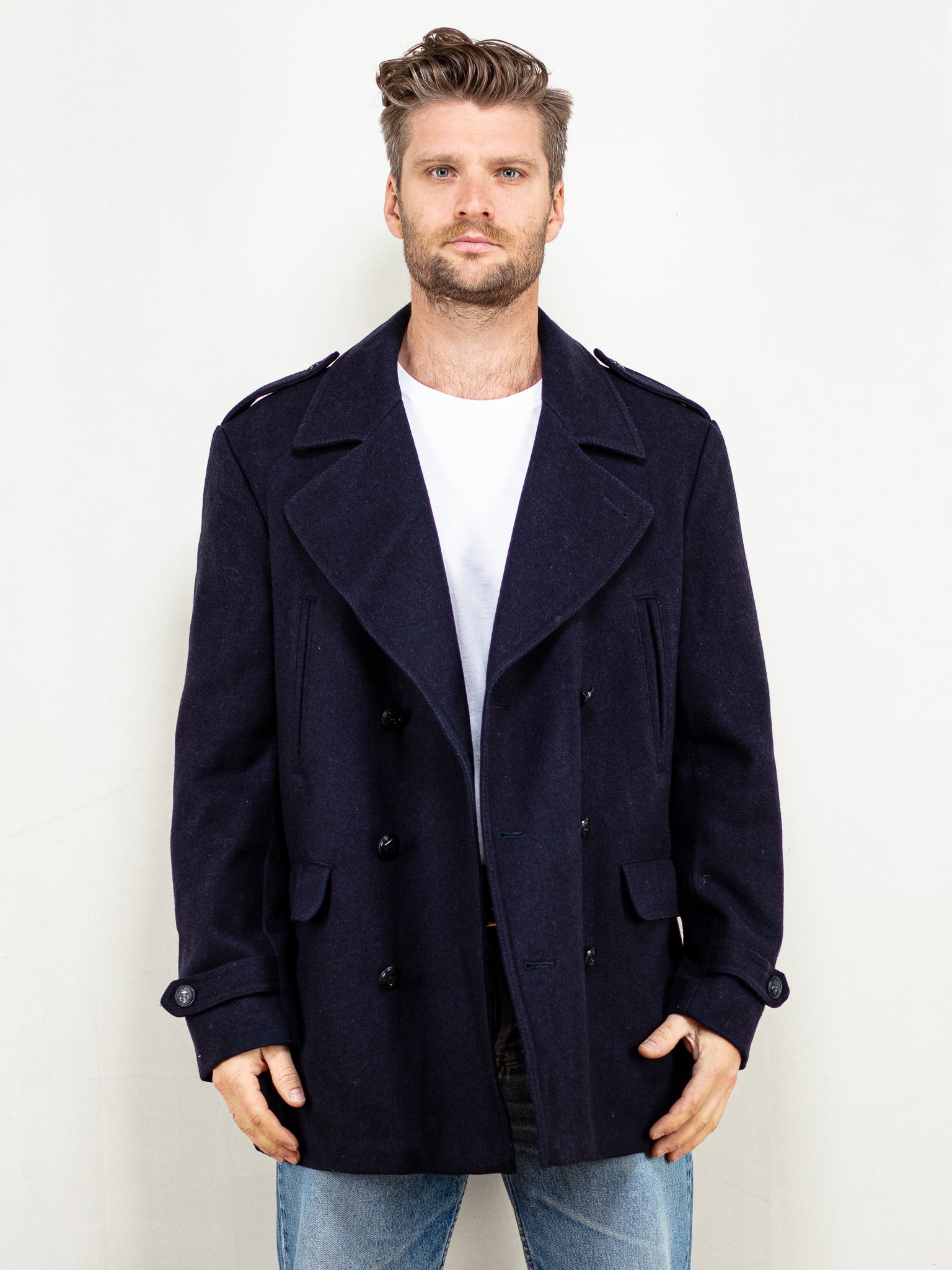 Vintage 70's Men Wool Coat in Navy by Northern Grip