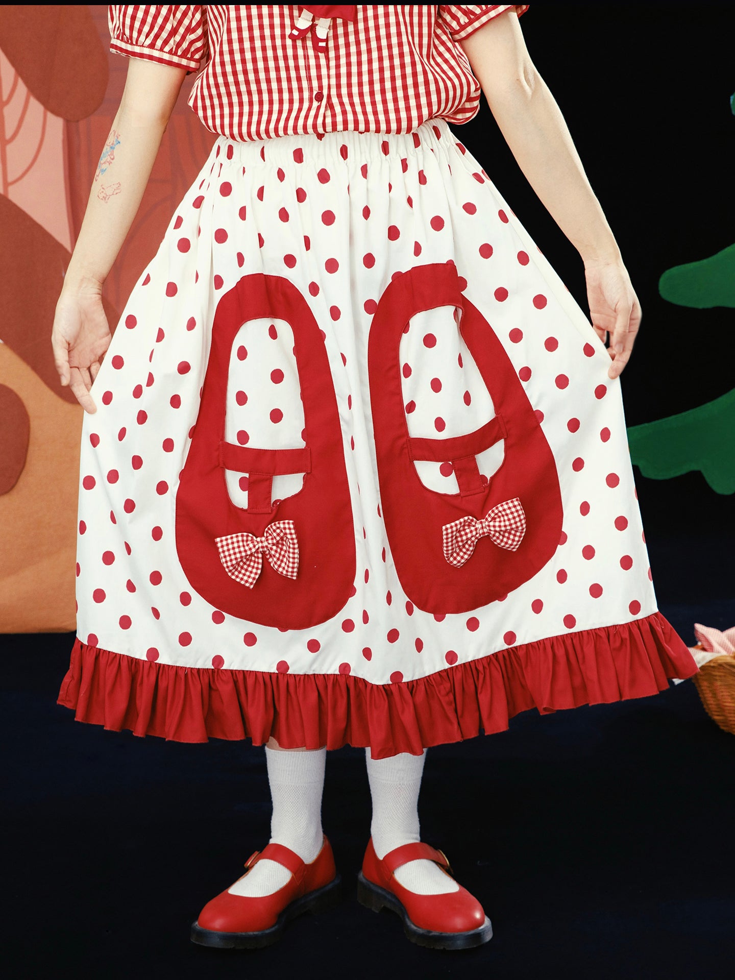 Meugler Kawaii Red Shoes Bow Pocket Polka Dot Skirt – Fairytale Cake Skirt by Land Decora