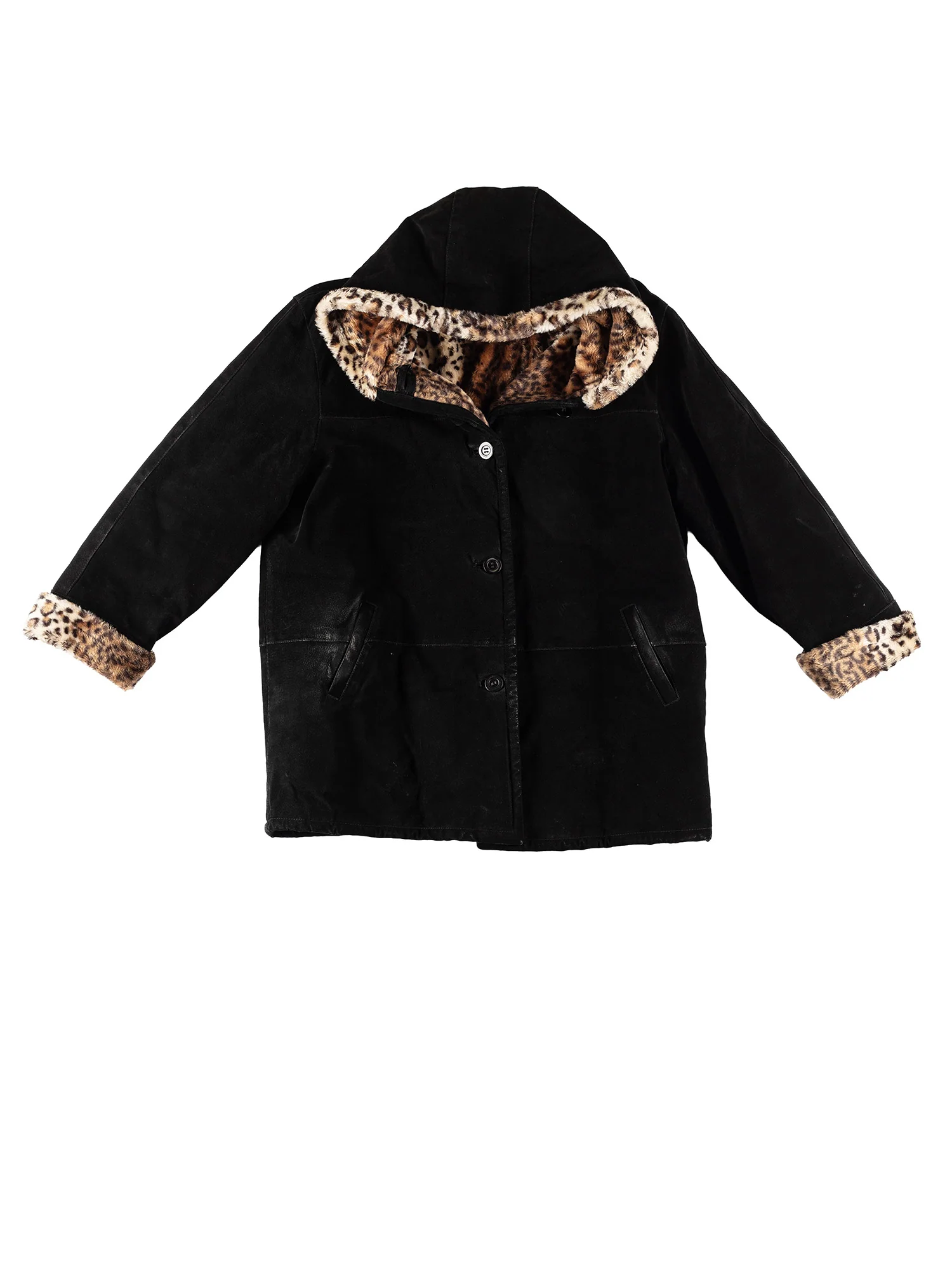 Vintage 80's Women Hooded Faux Sheepskin Coat in Black by Northern Grip