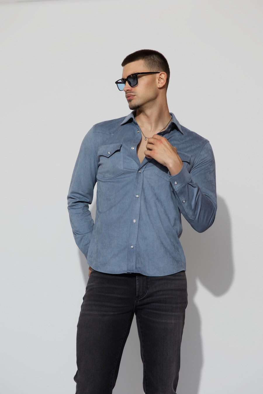 Eastwood Butter Suede Steel Blue Stretch Western Shirt by MONFRERE
