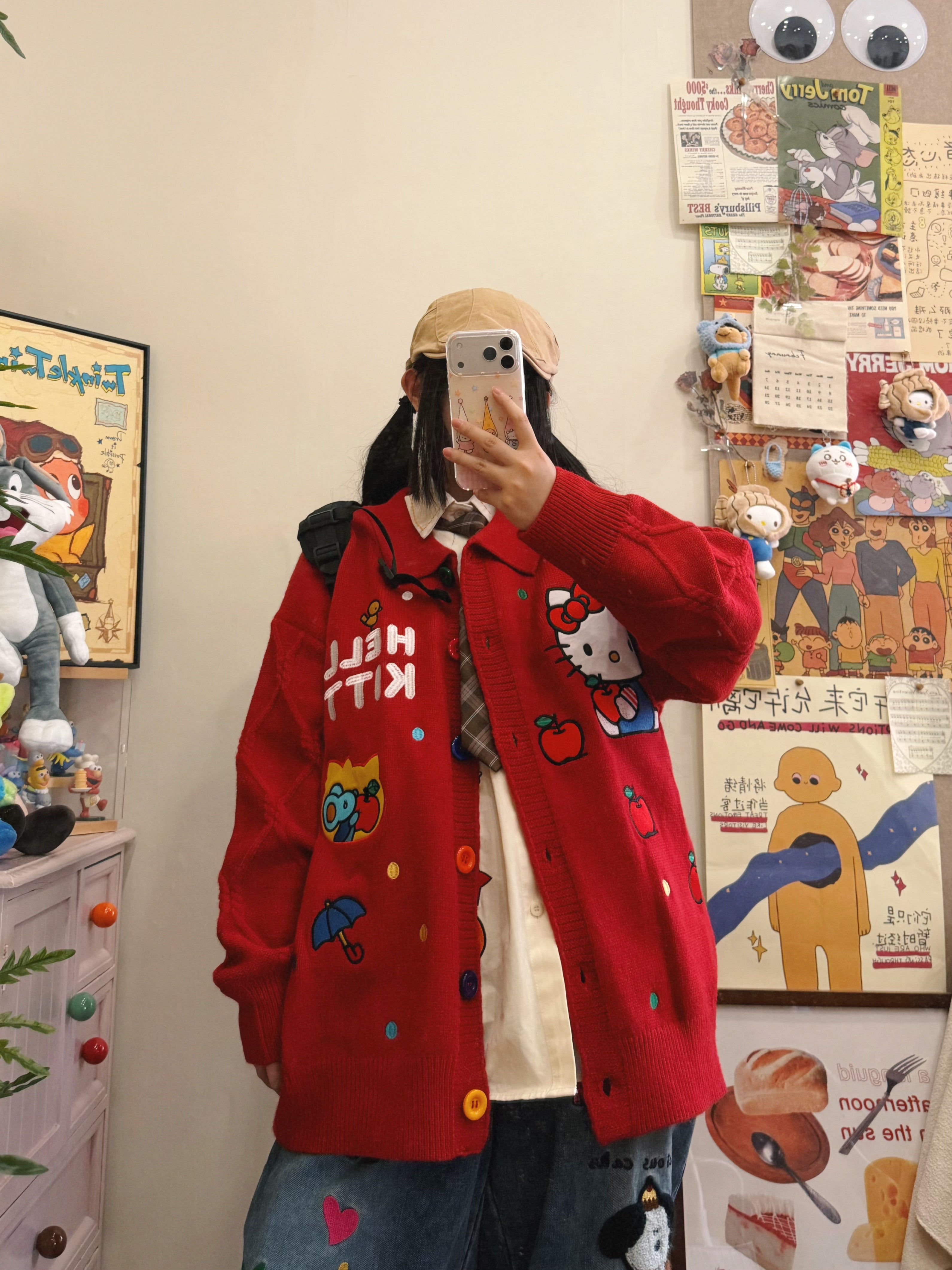 Kidcore Embroidered Red Knit Cardigan - BIBULU by Land Decora