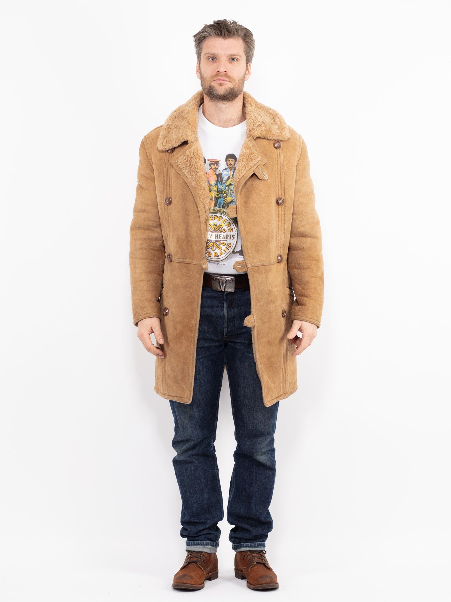 Vintage 70's Men Sheepskin Coat in Beige by Northern Grip