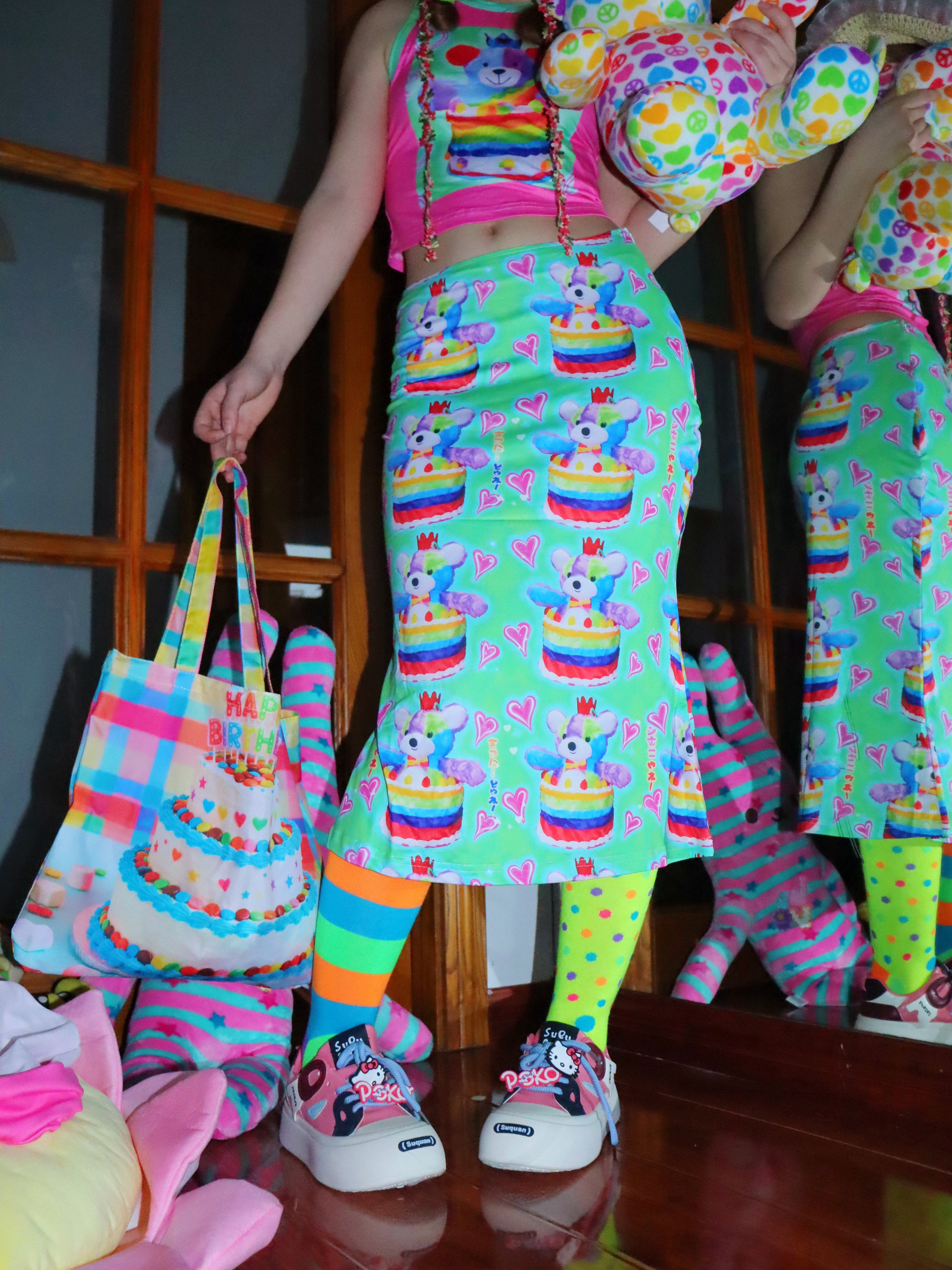 Y2K Bear Cake Print Skirt - LEERROO by Land Decora