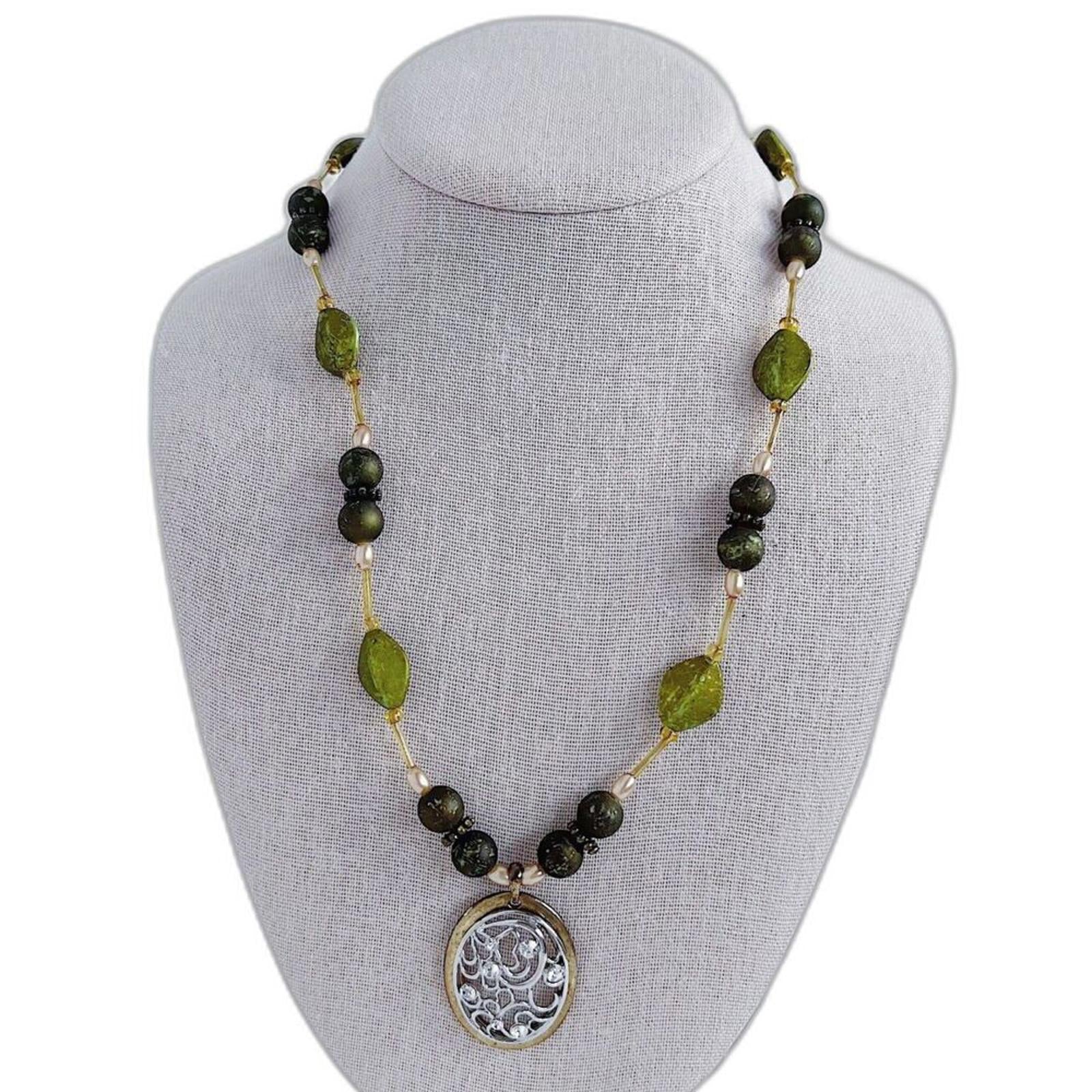 Green Beaded Silver Pendant Statement Necklace Boho by Hot Girl Secondhand