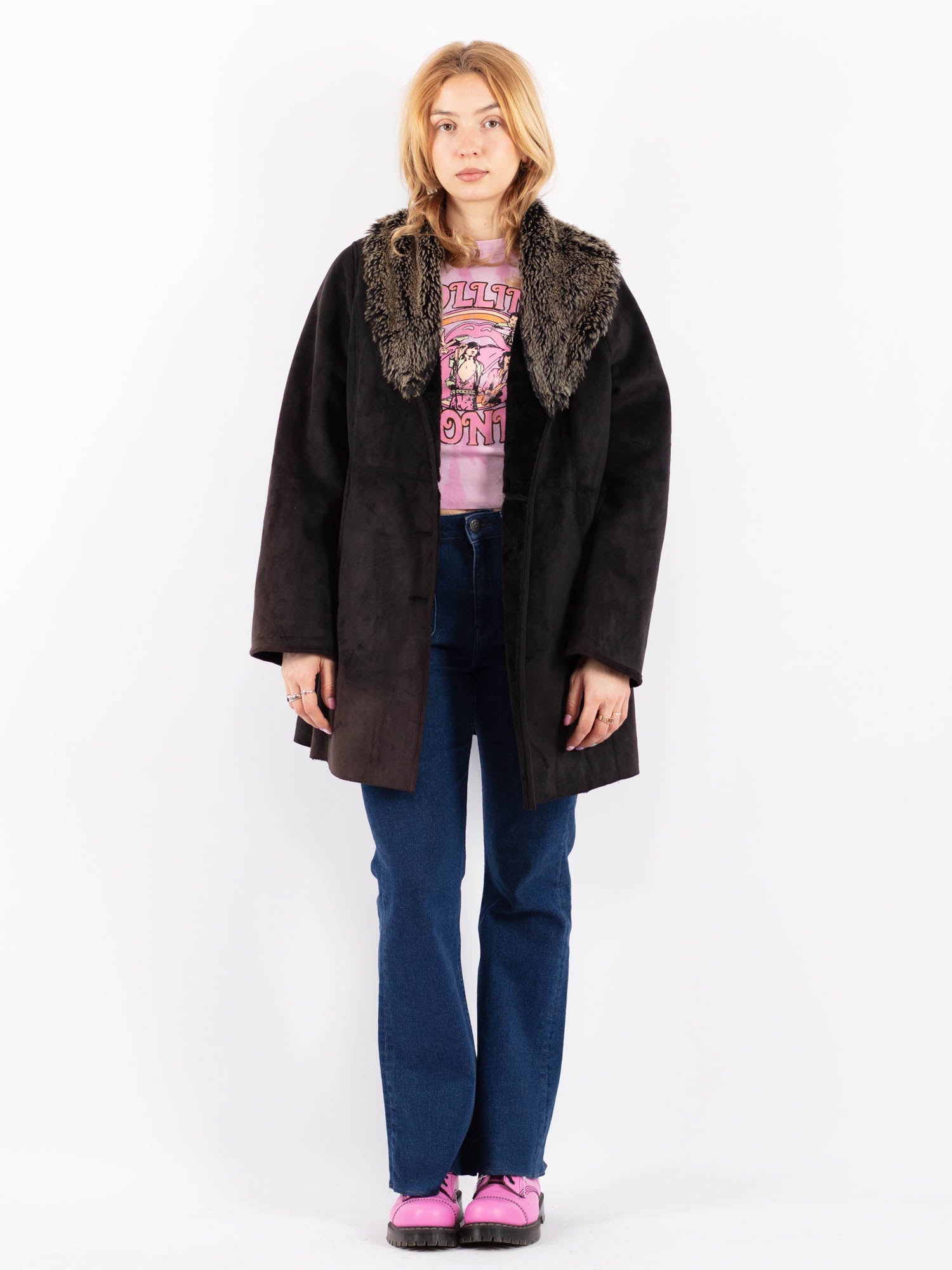 Vintage 90's Women Faux Sheepskin Coat in Black by Northern Grip