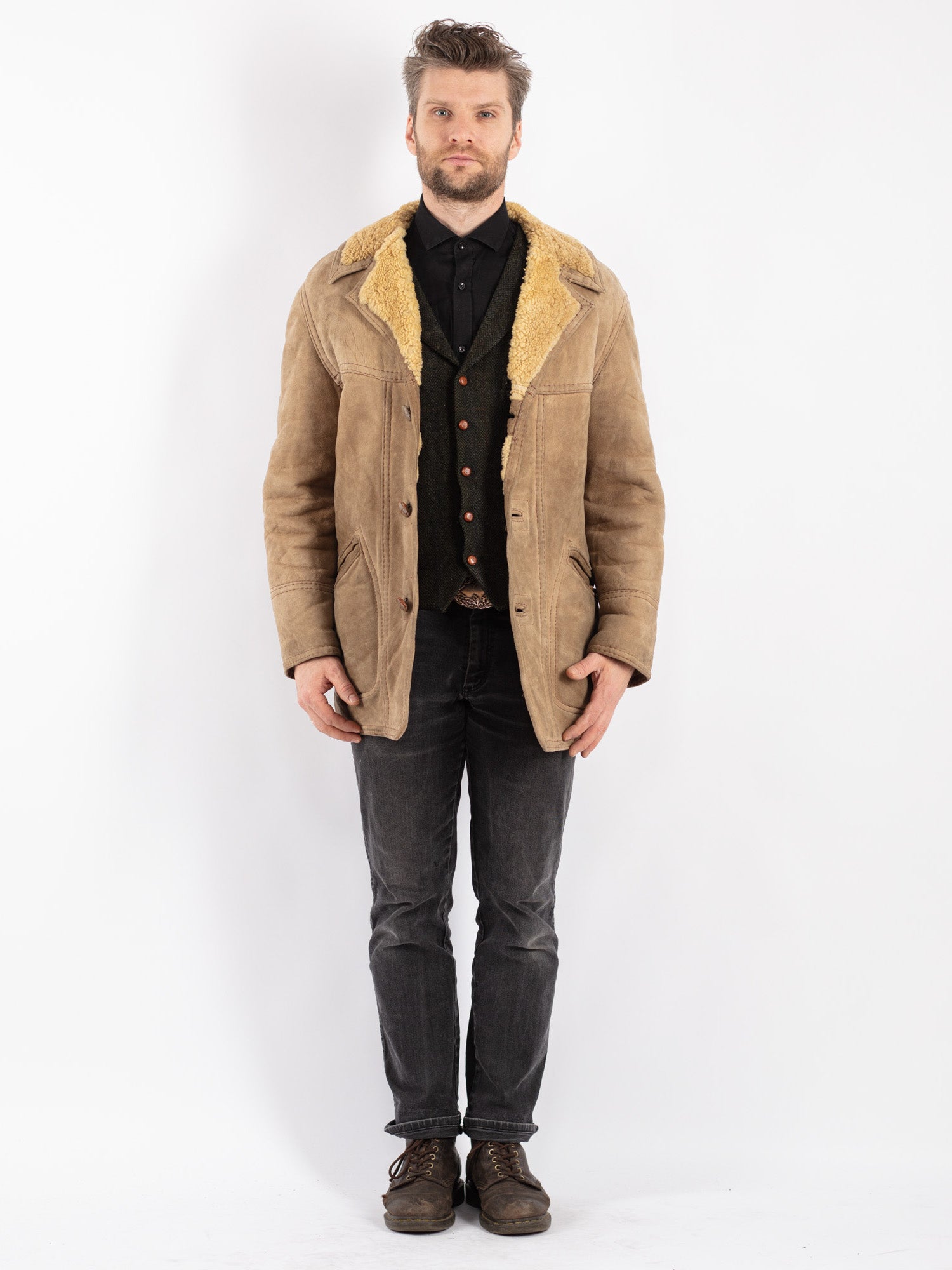 Vintage 70's Men Sheepskin Coat in Beige by Northern Grip