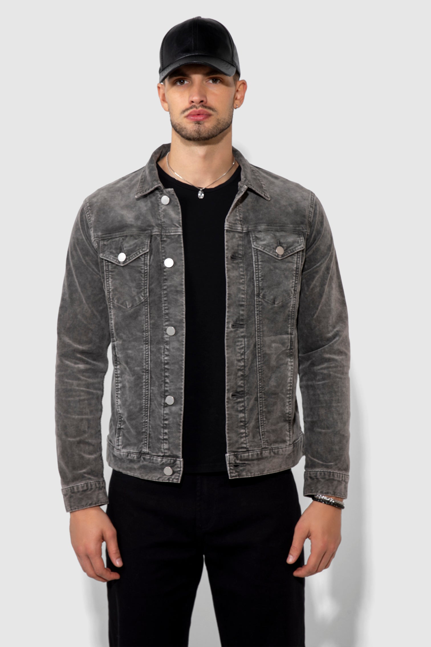 Dean Velvet Vintage Carbon Stretch Trucker Jacket by MONFRERE