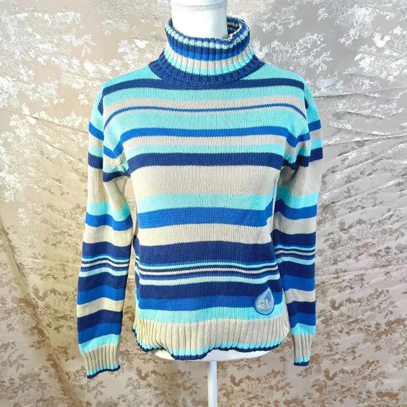 Vintage Pepe Jeans London Blue Striped Knit Turtleneck Sweater Women's by Hot Girl Secondhand