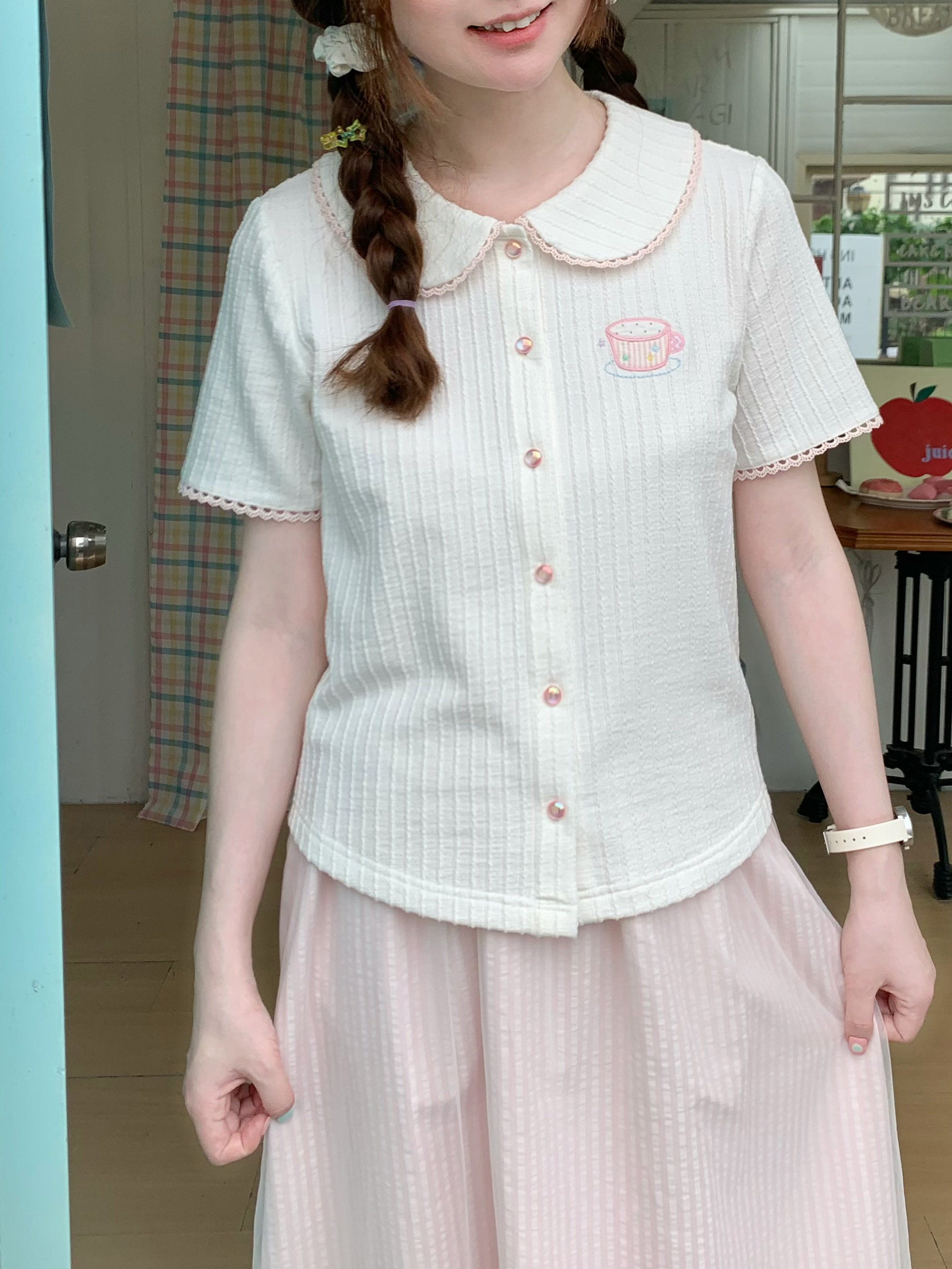 White Embroidered Knit Polo Cardigan | Kawaii Harajuku Summer Top by Land Decora