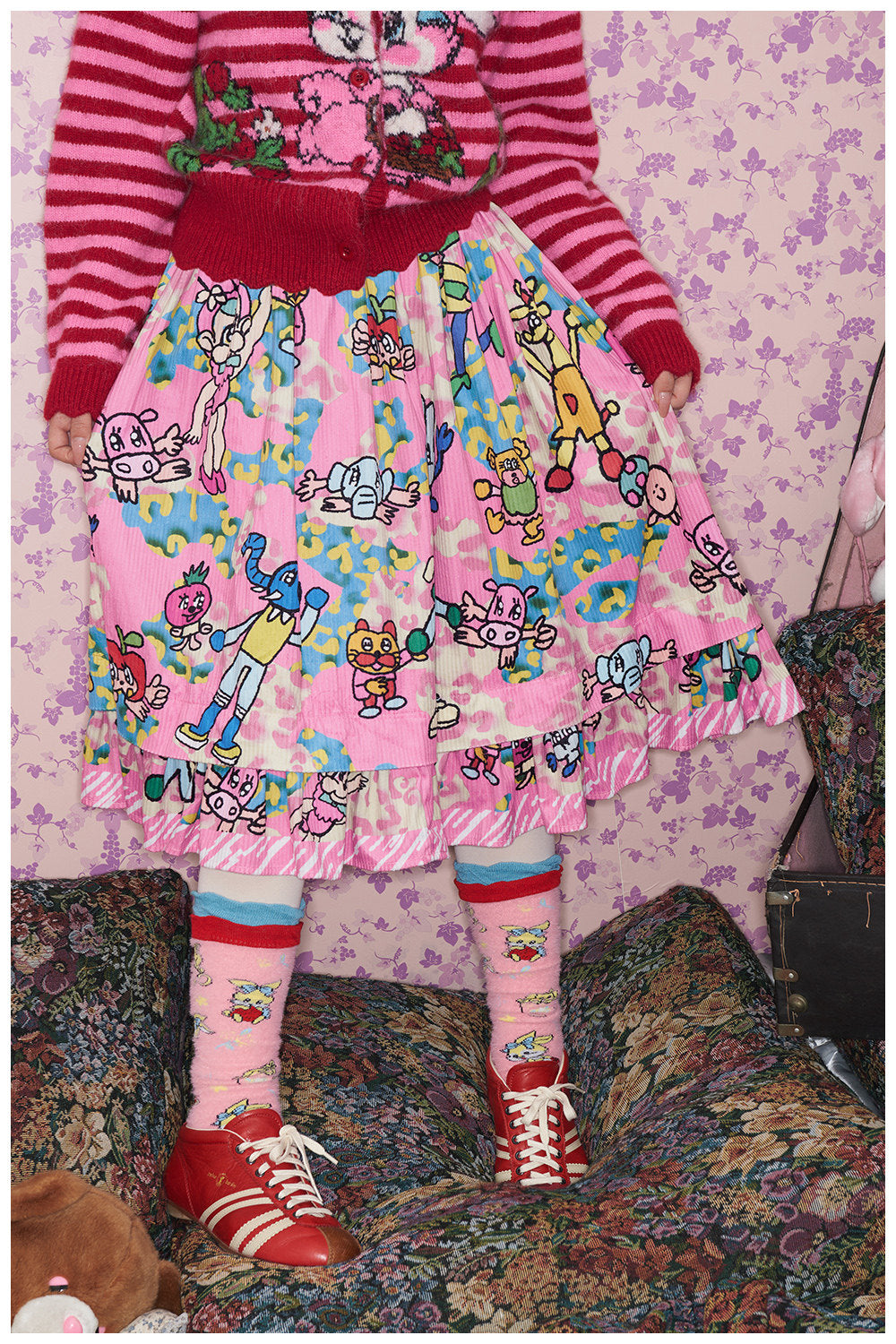 Kidcore Pink Animal Illustrated Elastic Waist Skirt | tntntutu by Land Decora