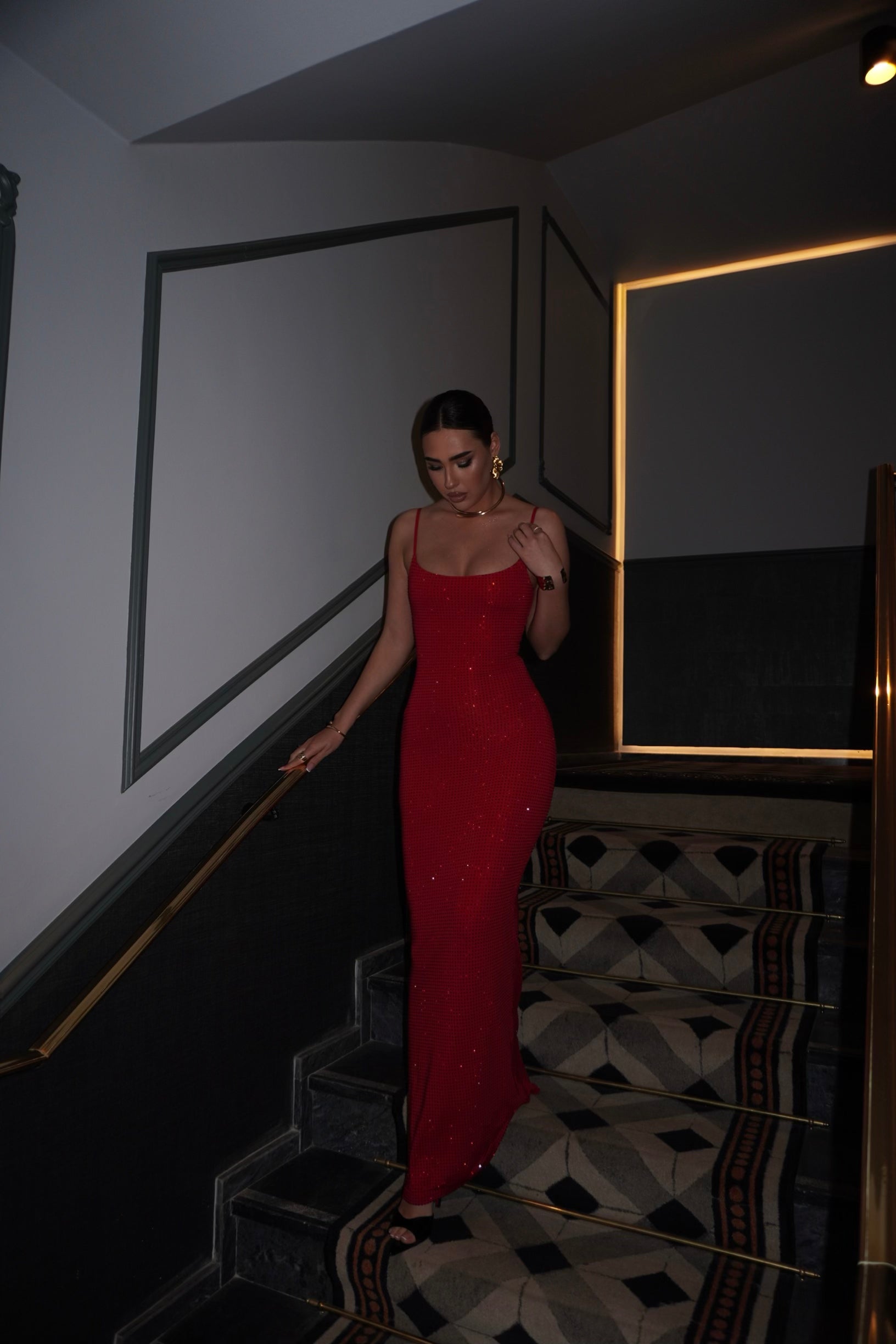 Icon Strappy Rhinestone Embellished Maxi Dress in Red by MERIEL