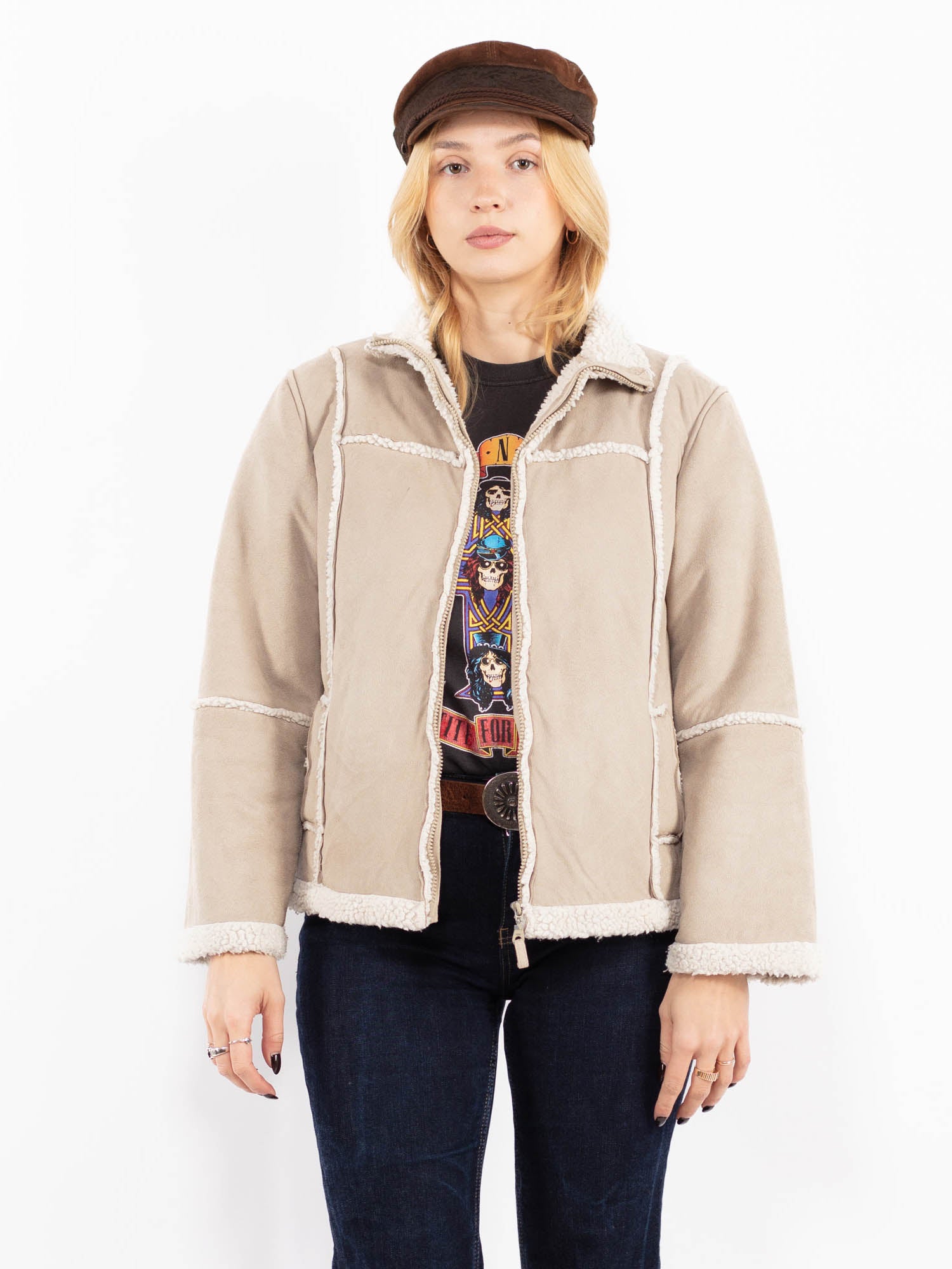 Vintage 00's Women Faux Sheepskin Jacket in Beige by Northern Grip