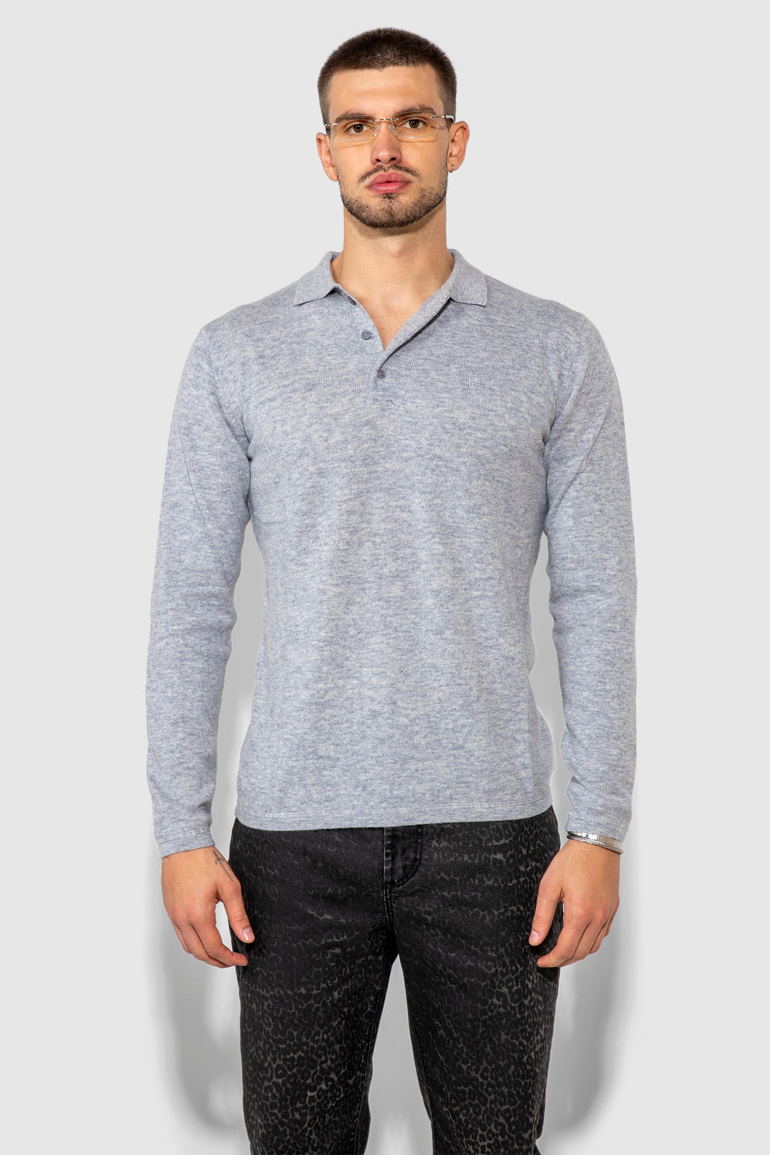 Pierce Long Light Grey Knit Long Sleeve Polo Shirt by MONFRERE